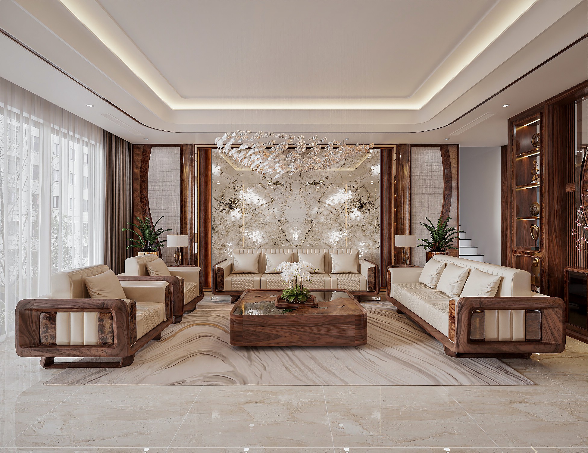 Sofa gỗ tự nhiên sang trọng với bàn trà gỗ nguyên khối và kính tinh tế