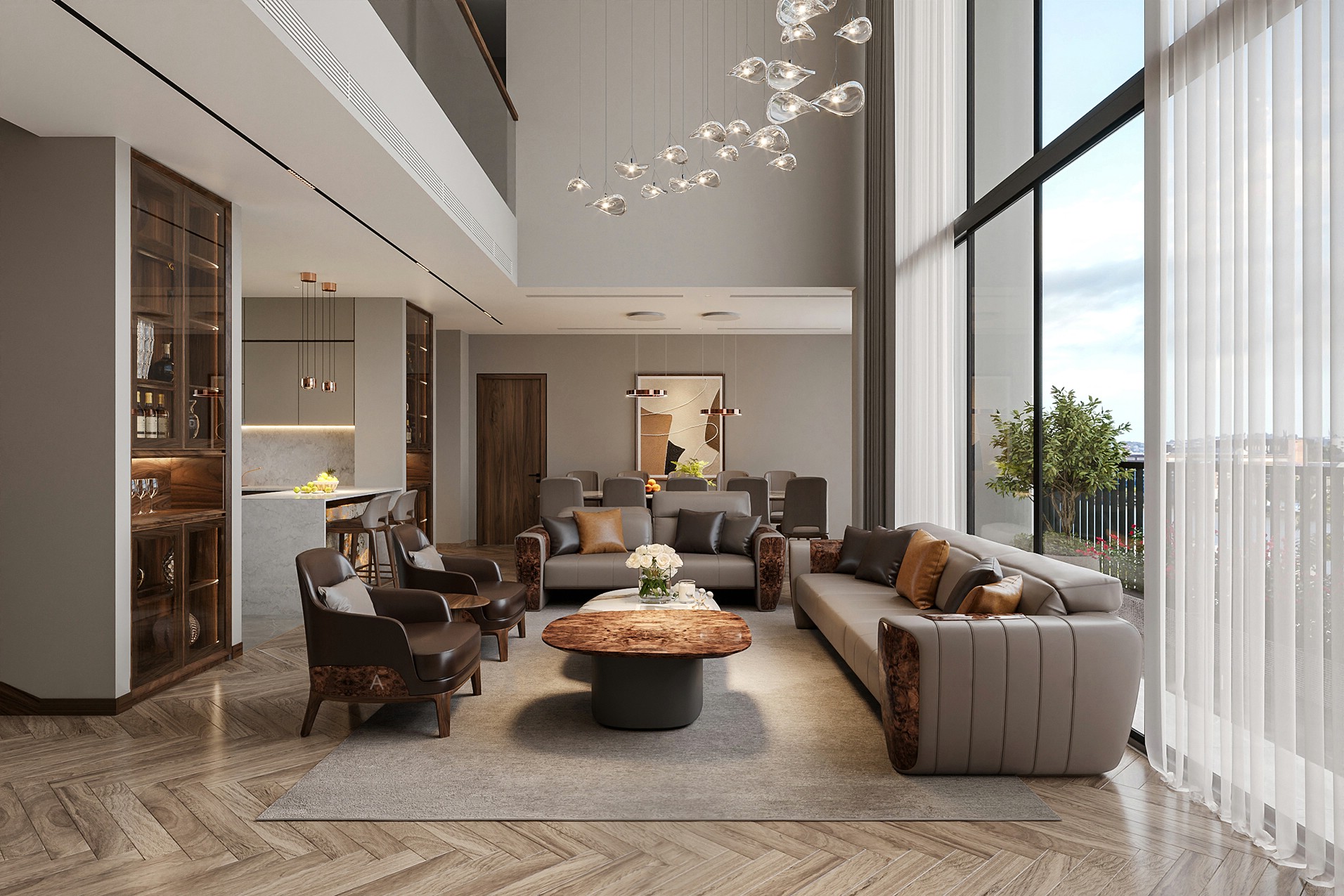 : Sofa gỗ hiện đại bọc da, bố cục đối xứng, bàn trà trung tâm