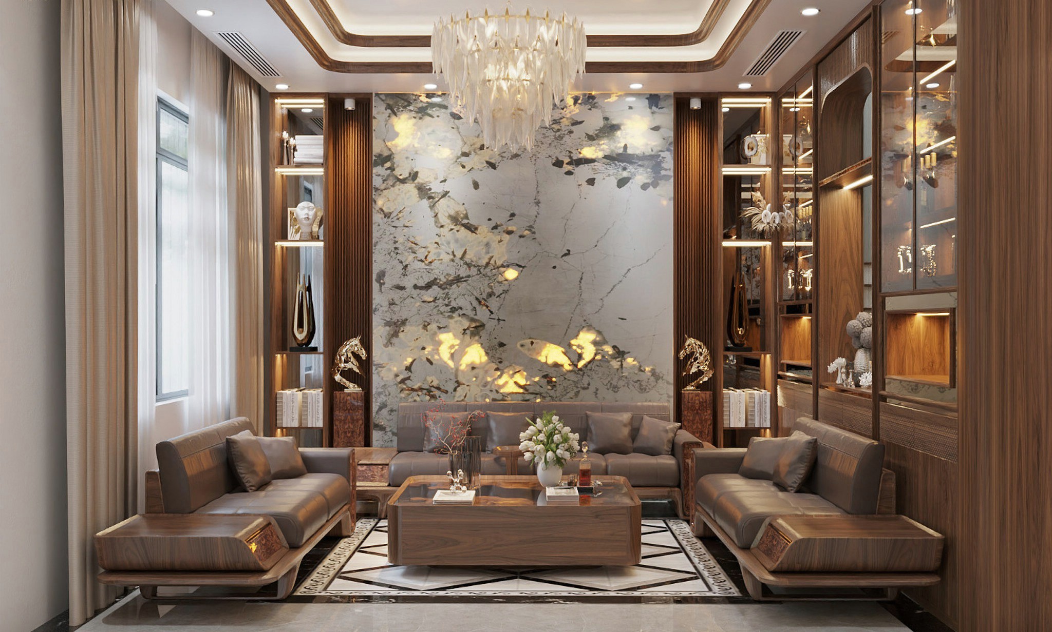 Bộ sofa gỗ óc chó hiện đại và sang trọng trong không gian phòng khách