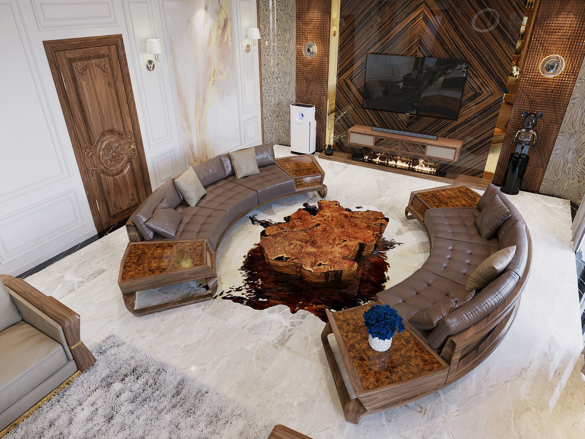 : Sofa phòng khách gỗ dáng vòm cung với bàn trà nguyên khối và chân chữ U