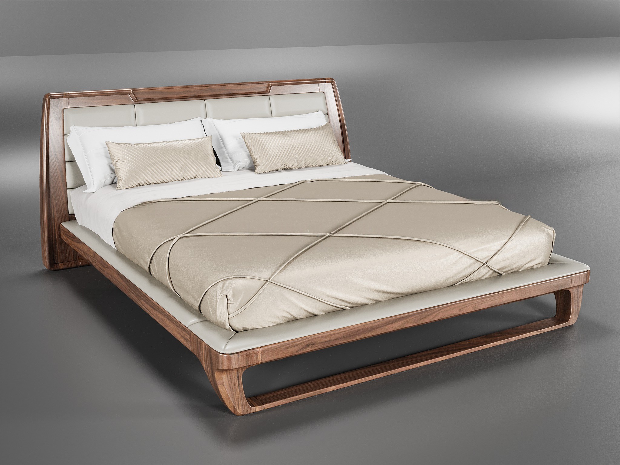 Thiết kế giường ngủ gỗ tự nhiên với tựa đầu bọc da và chân giường chữ U