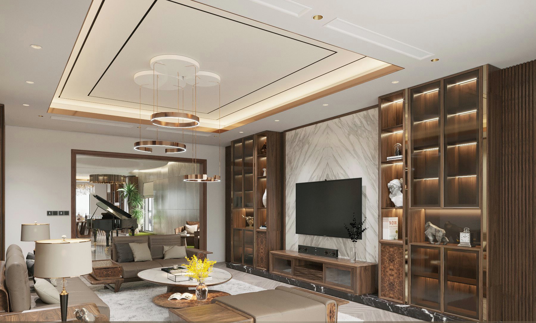 Thiết kế kệ tivi phòng khách đẹp bằng gỗ tự nhiên màu nâu đậm