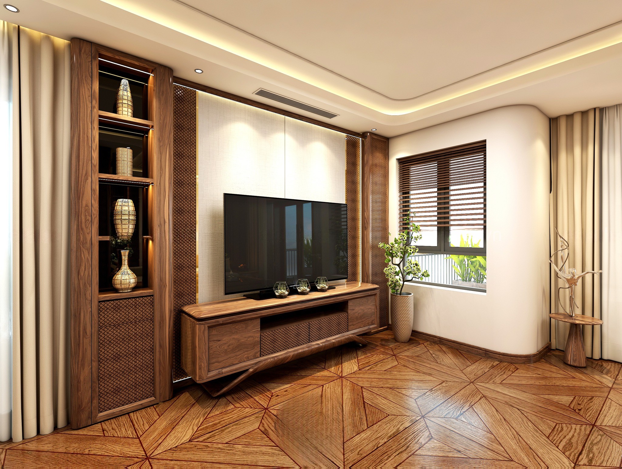 Thiết kế kệ tivi gỗ óc chó hoặc gỗ sồi sơn giả óc chó dáng hộp chữ nhật sát sàn hiện đại