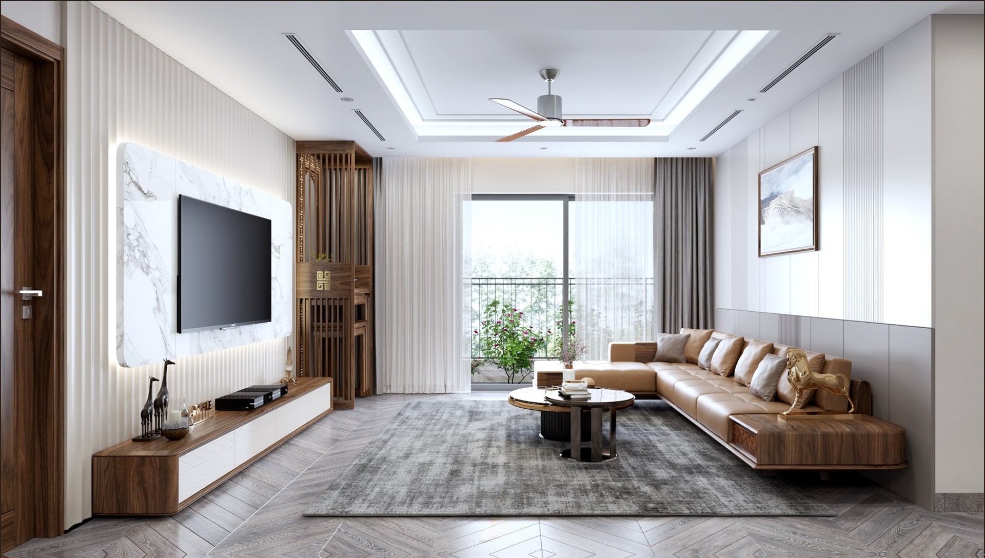 : Thiết kế nội thất chung cư với sofa gỗ chữ L, bàn trà mặt kính và vách marble trắng