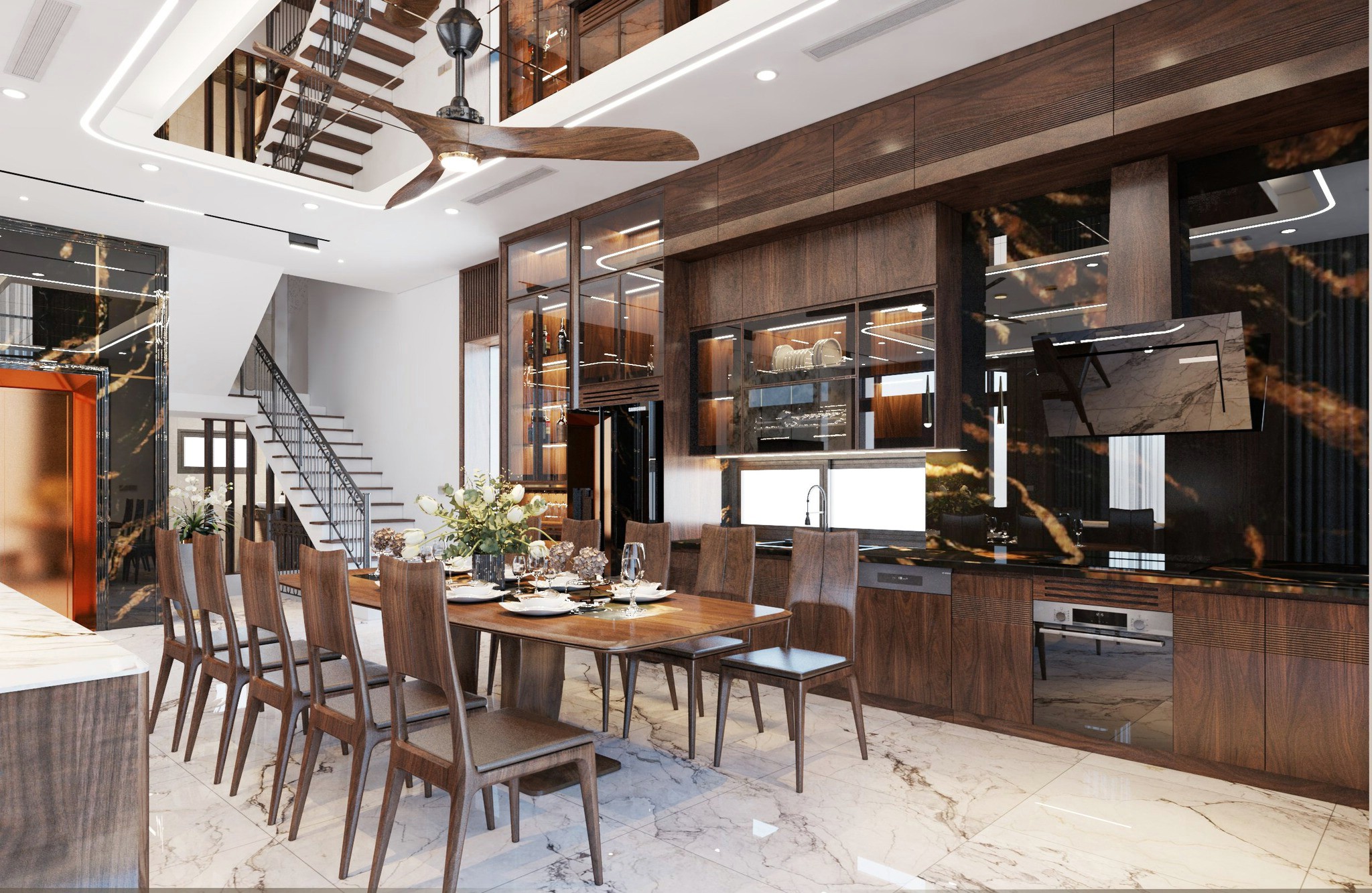 Thiết kế nội thất phòng bếp hiện đại với bàn ăn 10 ghế và tủ bếp chữ I kết hợp tủ rượu