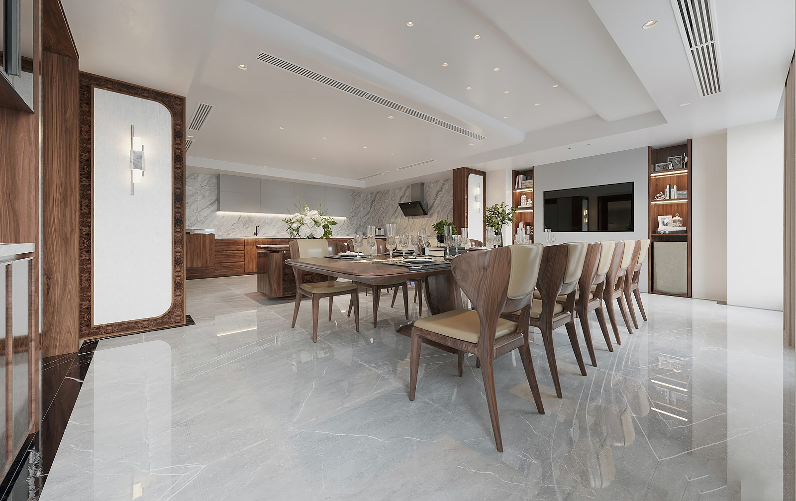 Thiết kế nội thất phòng bếp rộng rãi với bàn ăn 10 ghế và tủ bếp chữ L