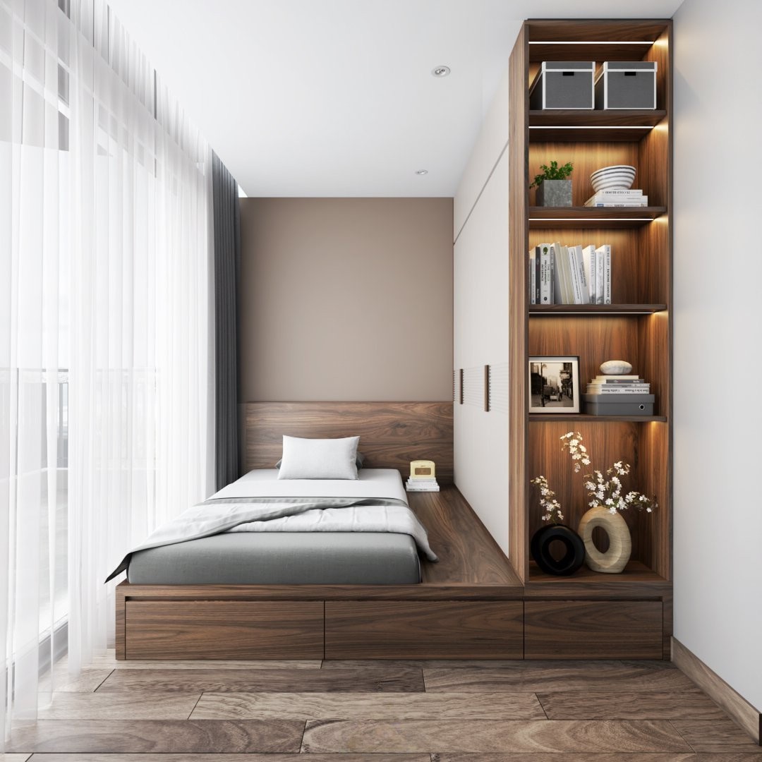 Thiết kế nội thất phòng ngủ nhỏ hiện đại với giường hộp ngăn kéo và tủ quần áo acrylic