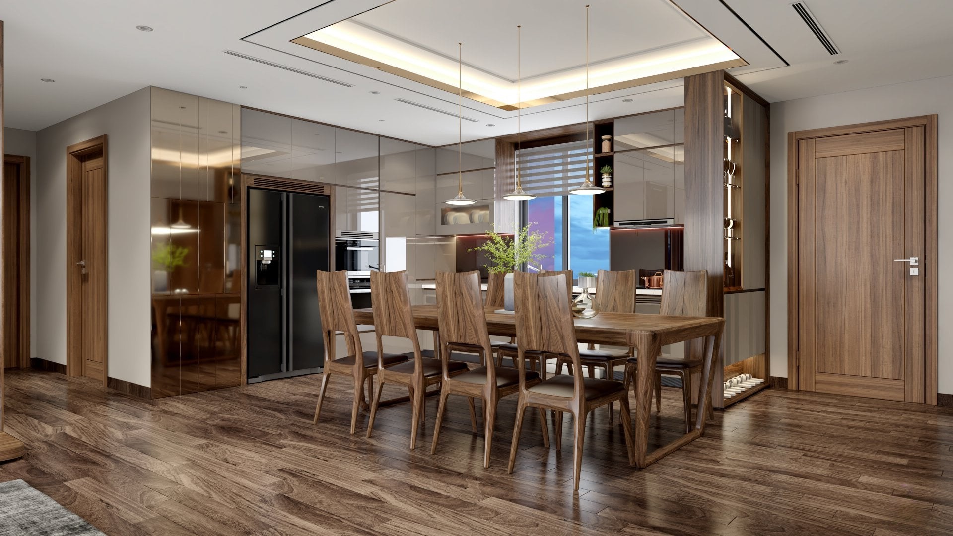 Thiết kế phòng bếp hiện đại với tủ bếp chữ L acrylic màu ghi đá và bàn ăn gỗ óc chó