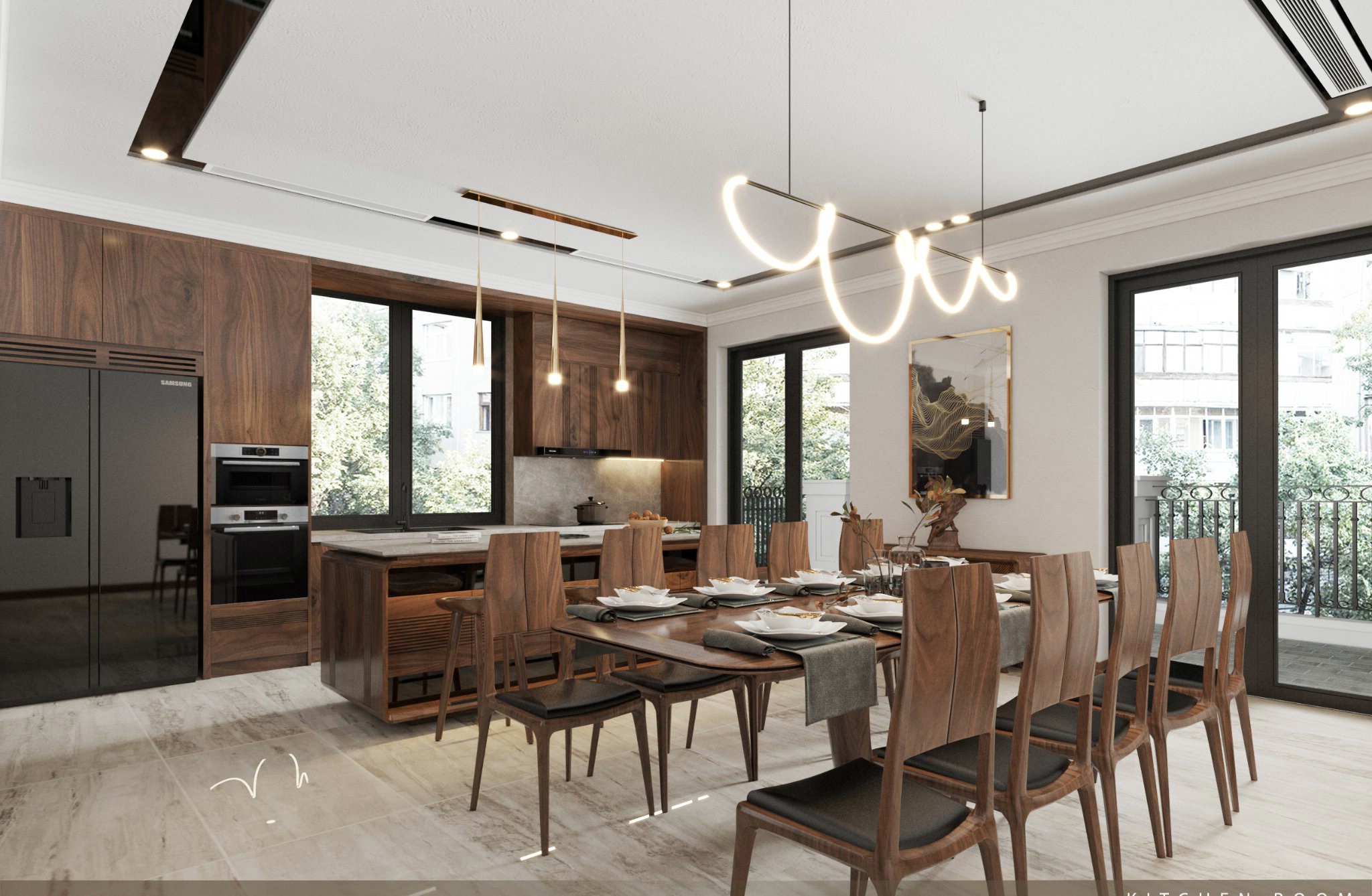 Thiết kế phòng bếp hiện đại với tủ bếp chữ I và bàn ăn 10 ghế sang trọng