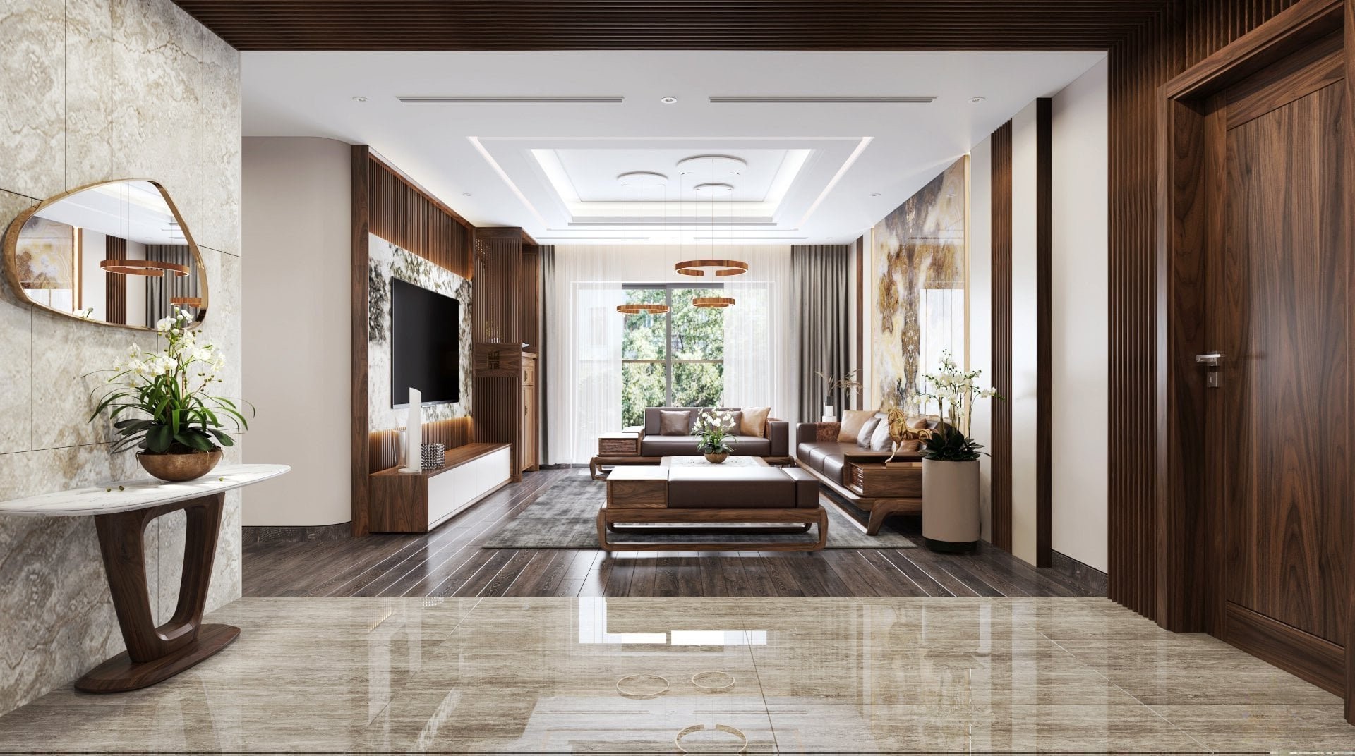 Thiết kế phòng khách chung cư hiện đại có bàn thờ cạnh kệ tivi và sofa gỗ