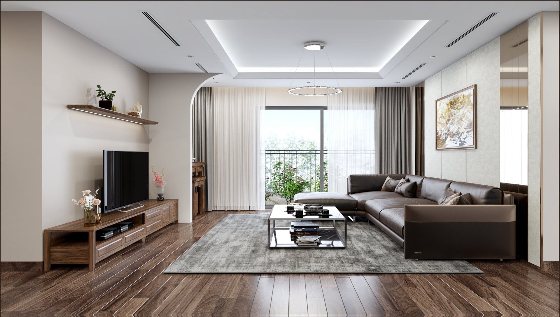 Thiết kế phòng khách chung cư đẹp với kệ tivi gỗ, sofa chữ L và bàn trà đá sang trọng