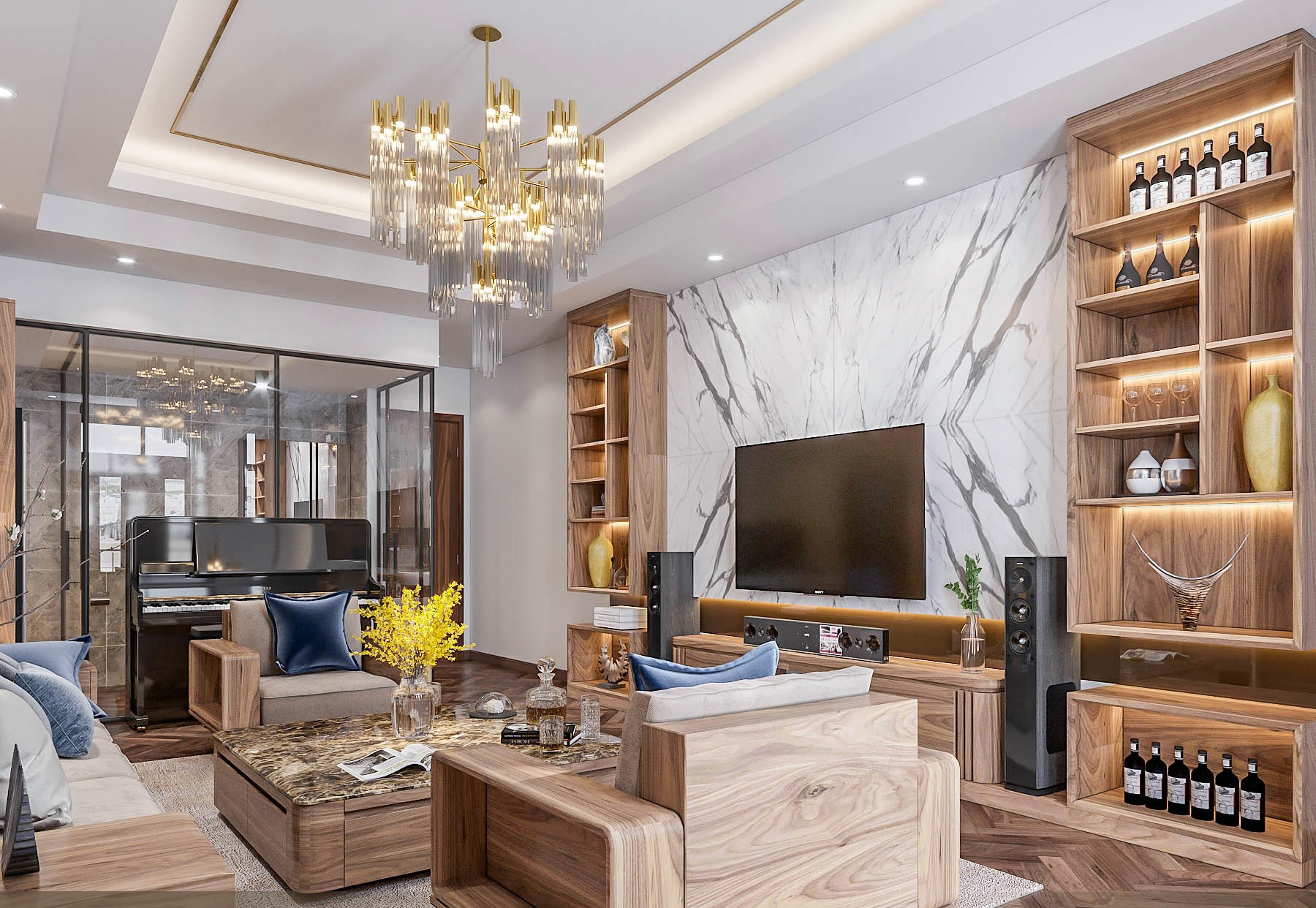 Thiết kế phòng khách đẹp sang trọng với bàn ghế gỗ, bàn trà chữ nhật và kệ tivi sát sàn hiện đại Thiết kế phòng khách đẹp sang trọng với bàn ghế gỗ, bàn trà chữ nhật và kệ tivi sát sàn hiện đại