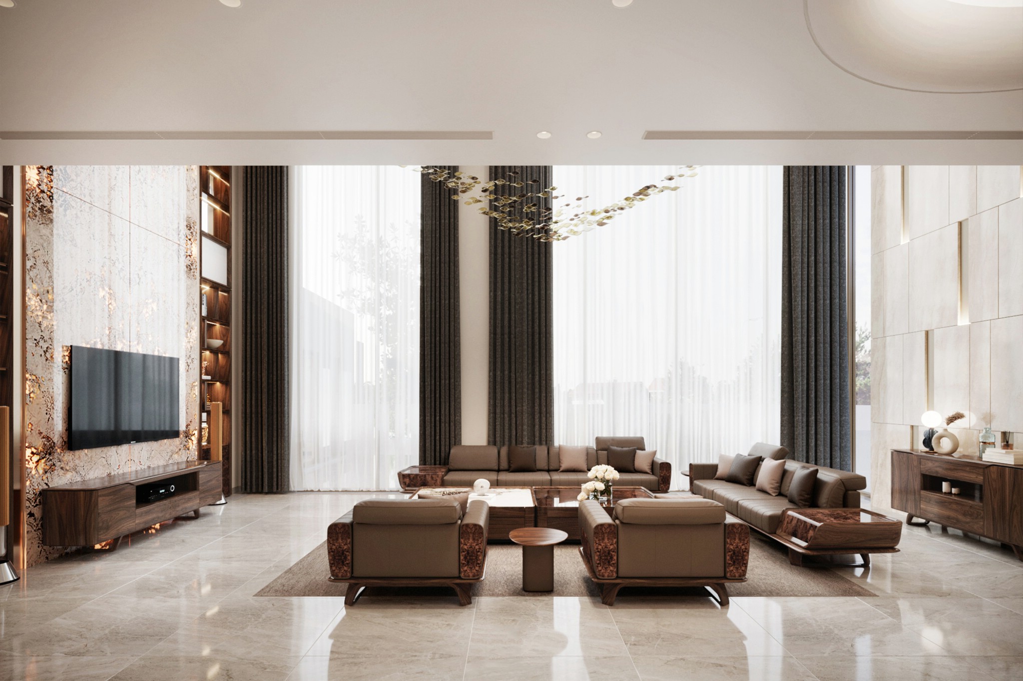 Thiết kế phòng khách đơn giản mà đẹp với sofa gỗ và tường ốp Onyx xuyên sáng