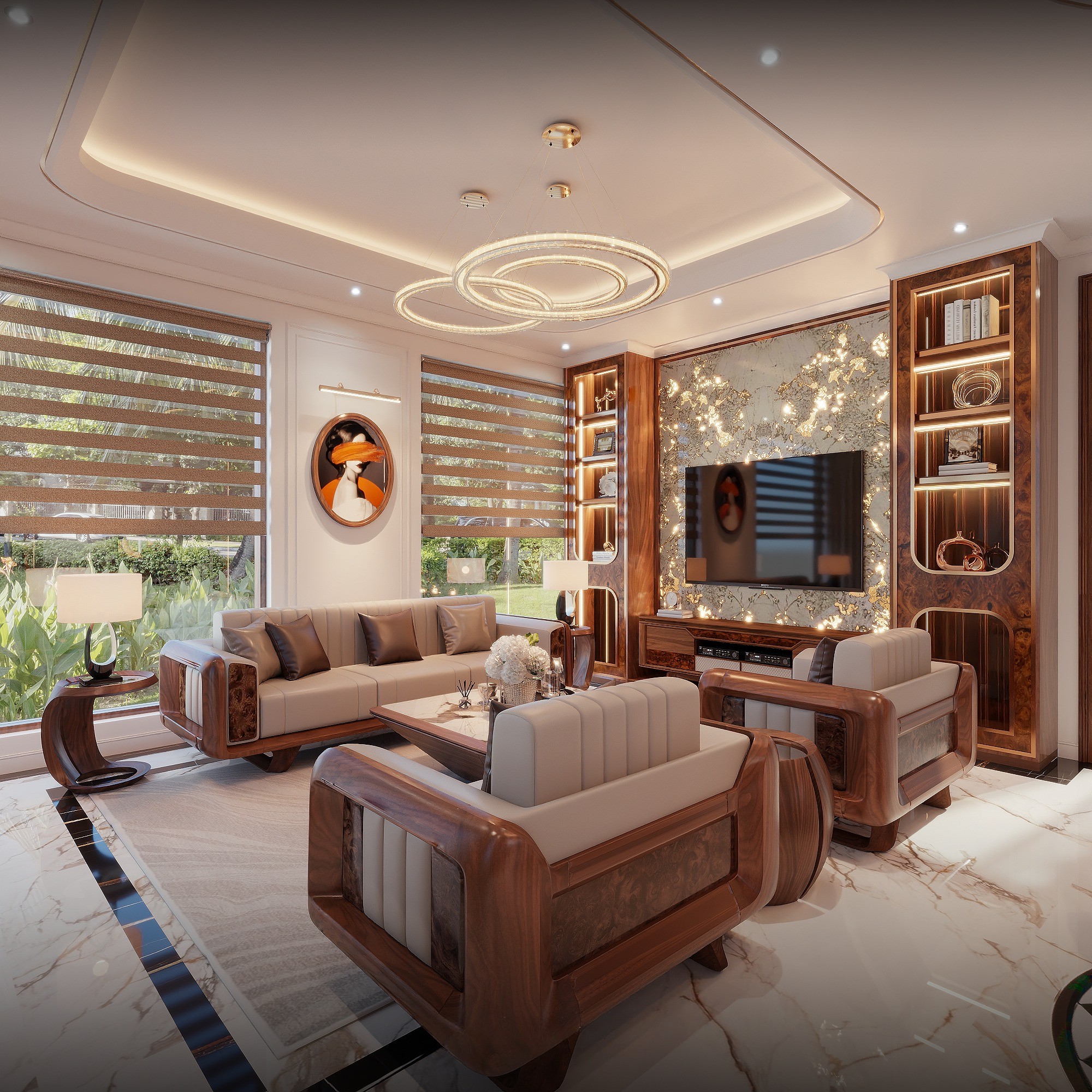 Thiết kế phòng khách hiện đại với sofa gỗ, kệ tivi treo tường và kệ trang trí kính