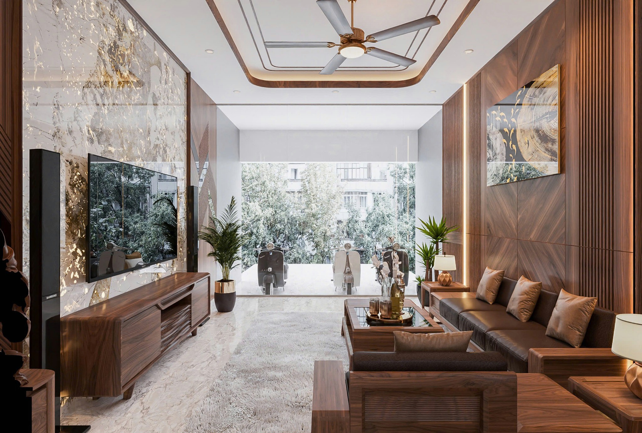 Thiết kế phòng khách nhà ống đẹp với sofa gỗ óc chó, tường ốp vân gỗ và kệ tivi Thiết kế phòng khách nhà ống đẹp với sofa gỗ óc chó, tường ốp vân gỗ và kệ tivi