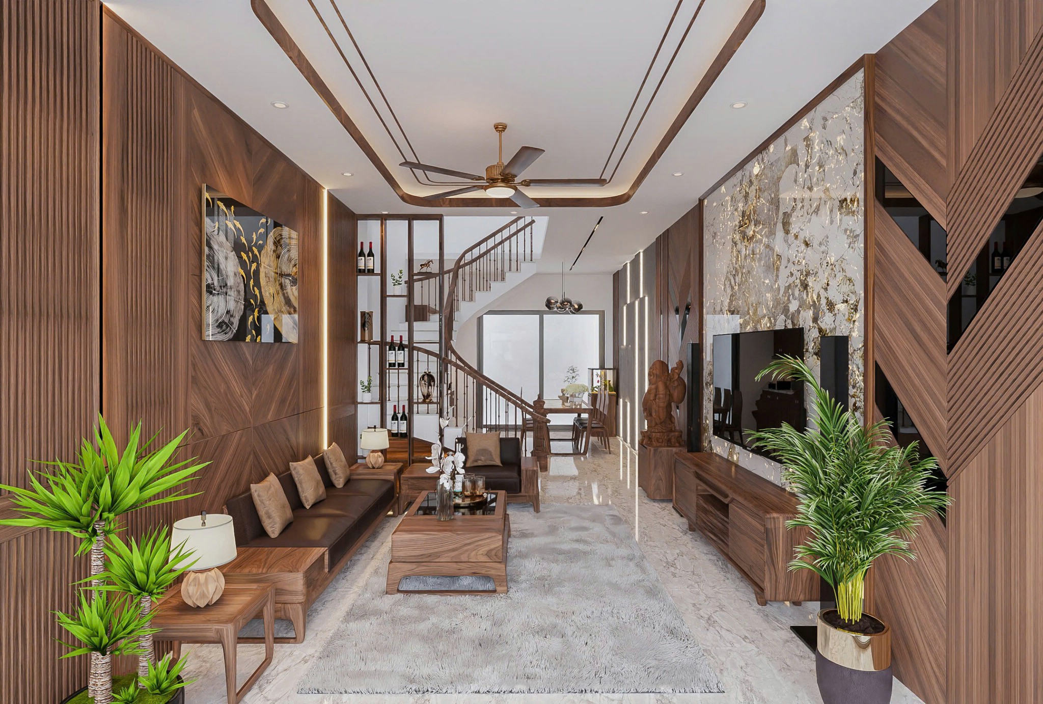 Thiết kế phòng khách nhà ống hiện đại với bàn ghế veneer óc chó và tường ốp PVC