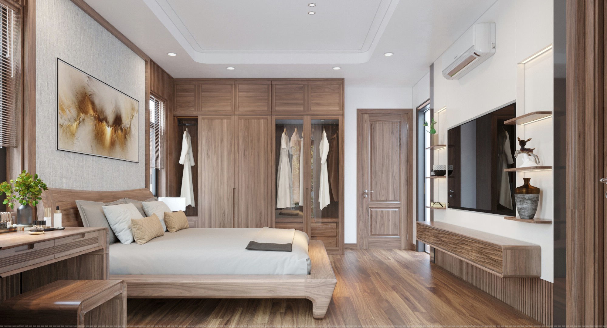 Thiết kế phòng ngủ 20m2 có toilet hiện đại với giường gỗ sồi và tủ quần áo gỗ kính