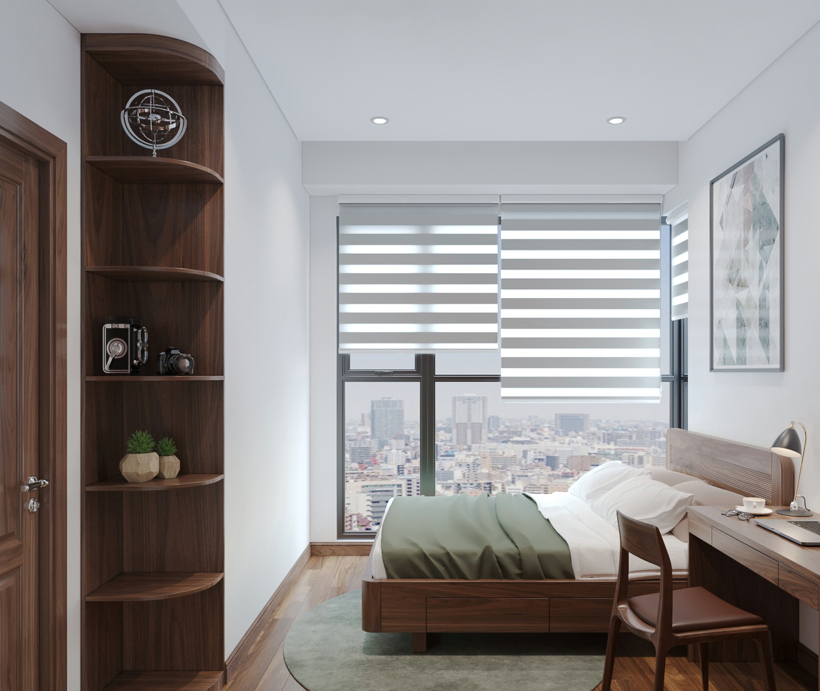 Thiết kế phòng ngủ chung cư nhỏ với giường hộp và bàn làm việc mini