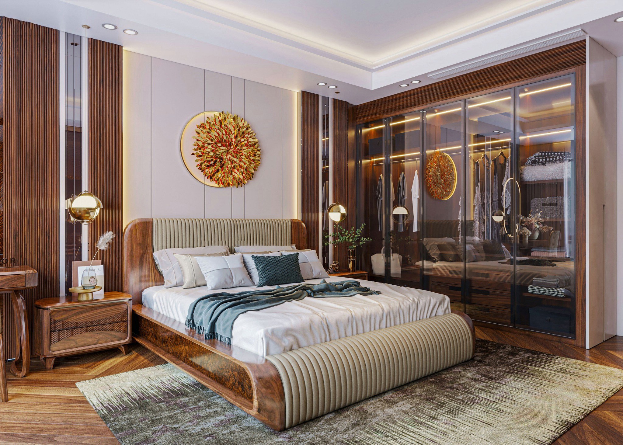 Thiết kế phòng ngủ đẹp cho nữ với giường bọc da/nỉ be ghi và tủ quần áo kính âm tường