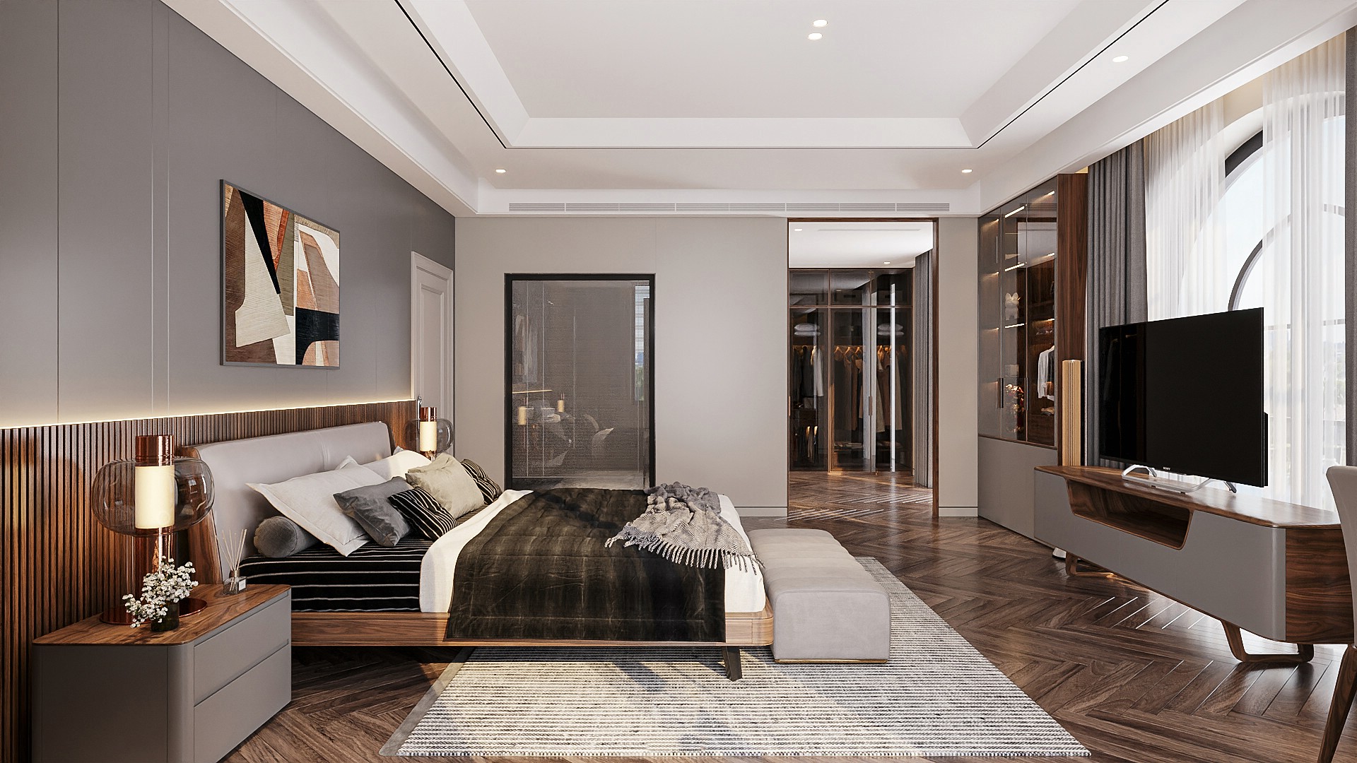 Thiết kế phòng ngủ đẹp sang trọng với giường bọc nỉ ghi sáng và kệ tivi acrylic