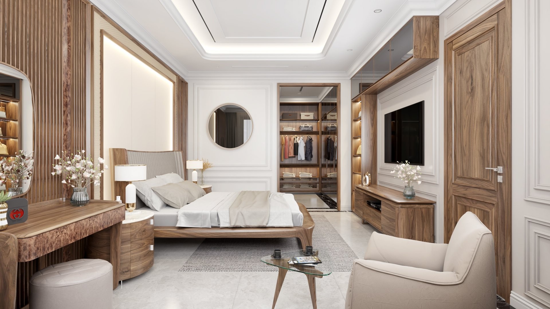 Thiết kế phòng ngủ hiện đại với giường gỗ óc chó, kệ tivi và bàn trang điểm