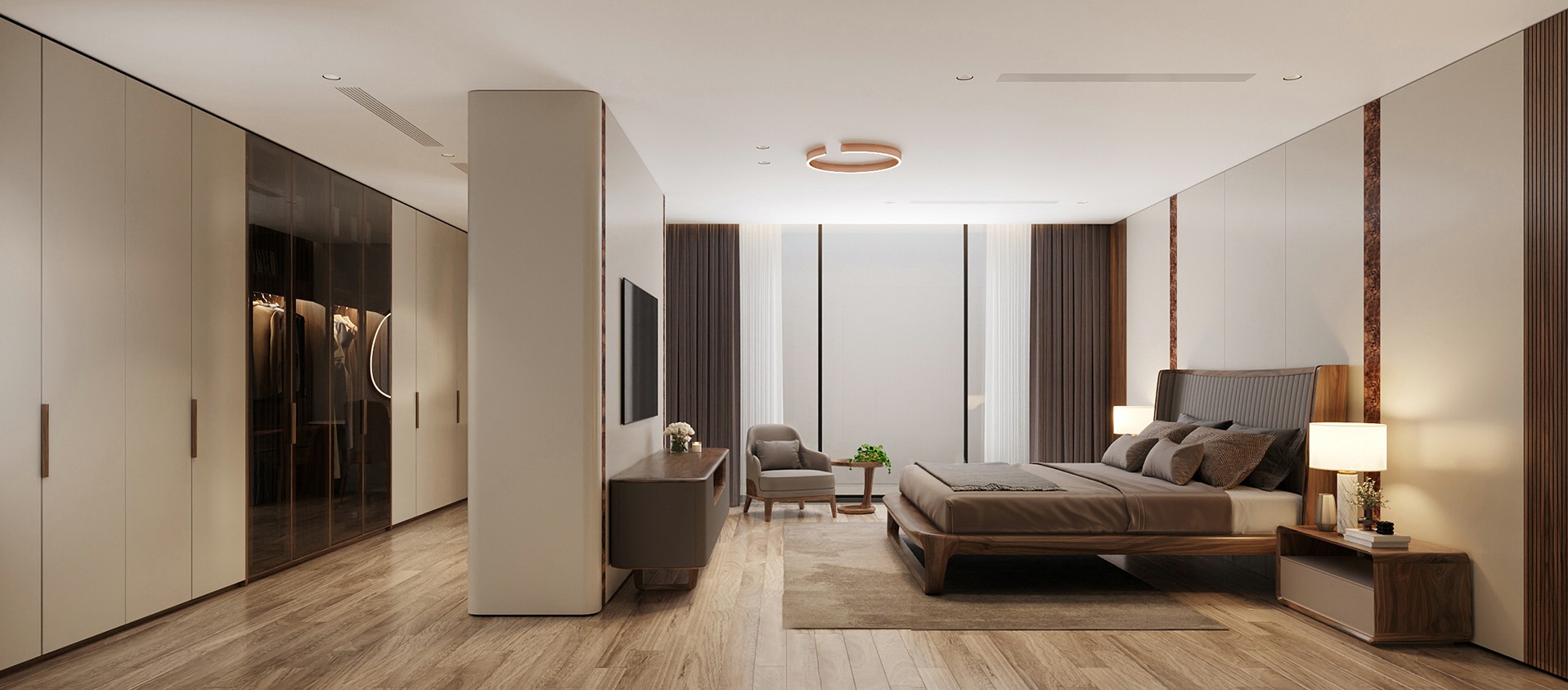 Thiết kế phòng ngủ master hiện đại với tủ quần áo acrylic trắng và giường gỗ óc chó