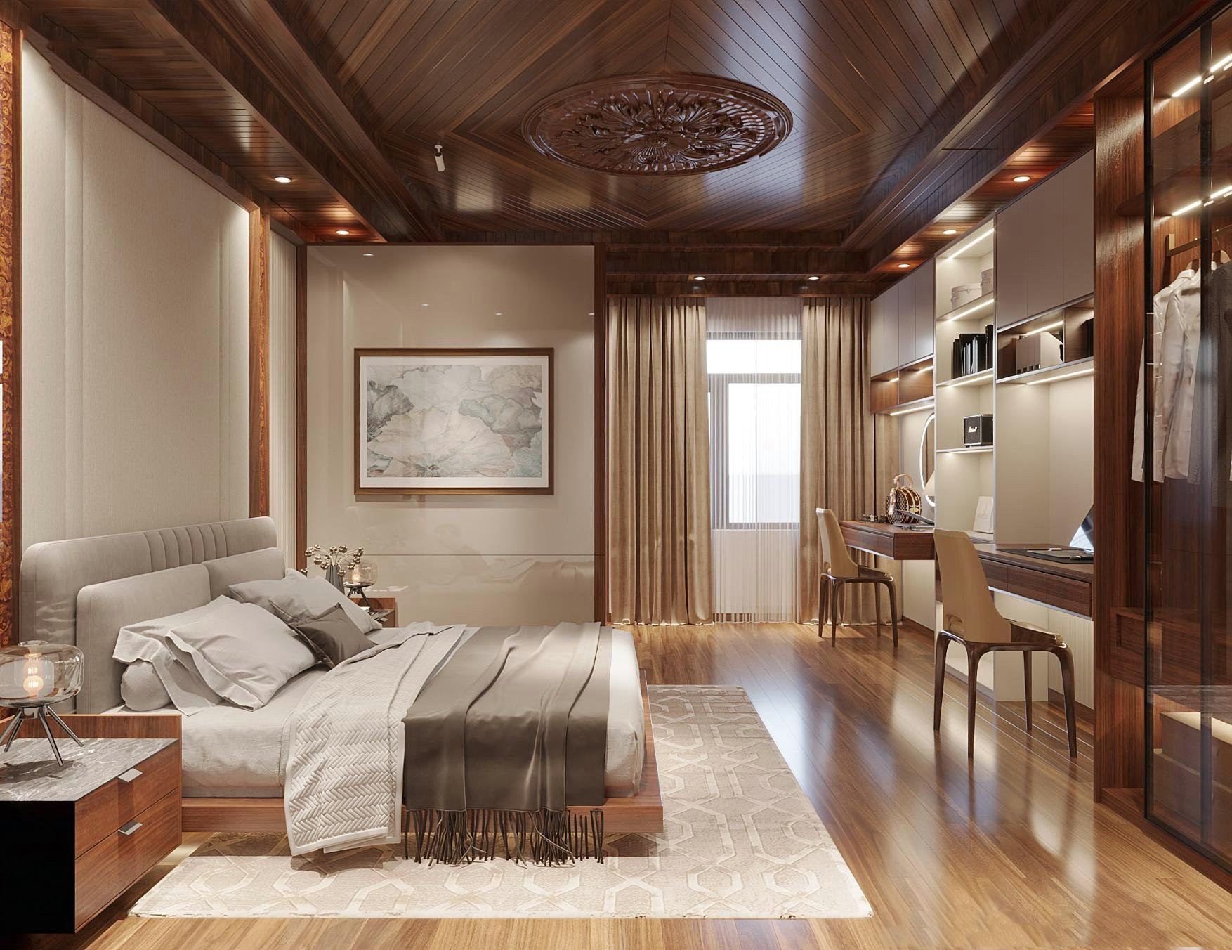 Thiết kế phòng ngủ master hiện đại với giường bọc nỉ ghi be và tủ acrylic trắng ghi