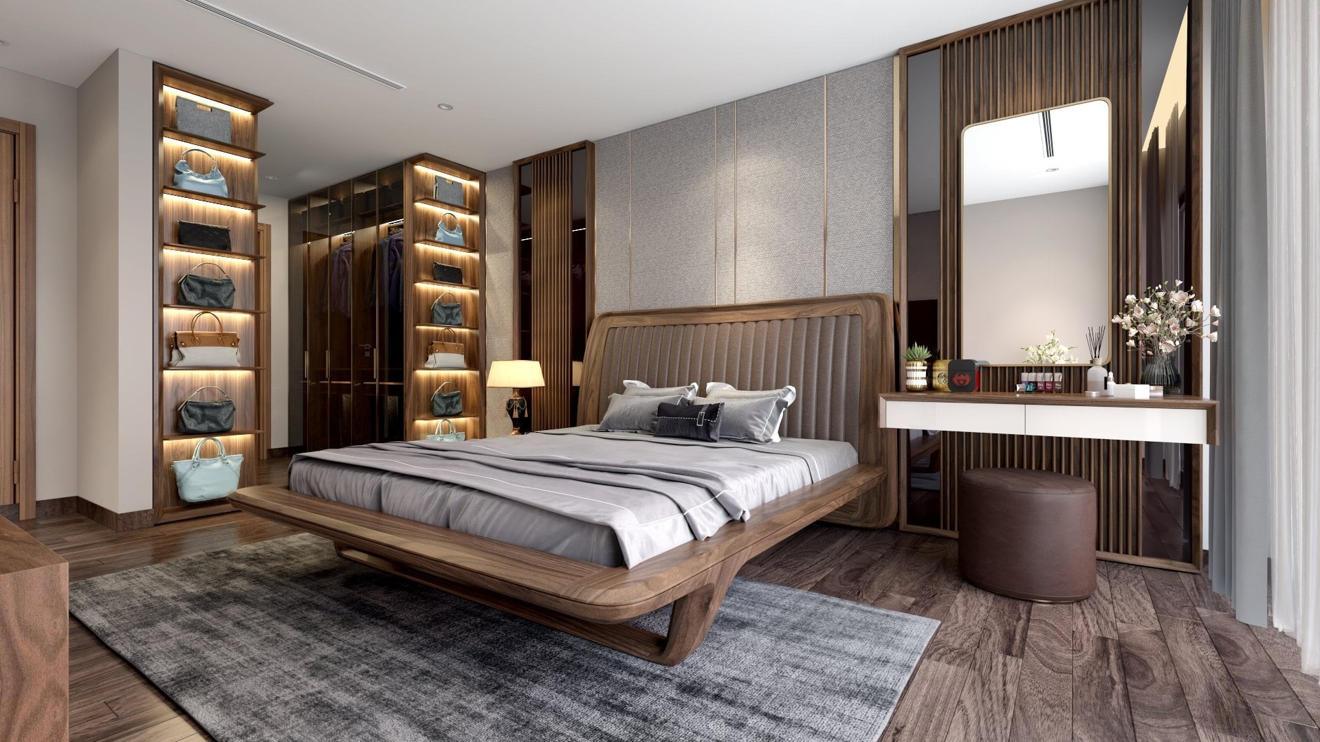 Thiết kế phòng ngủ thông minh với giường gỗ óc chó, tủ quần áo kính và bàn trang điểm treo tường