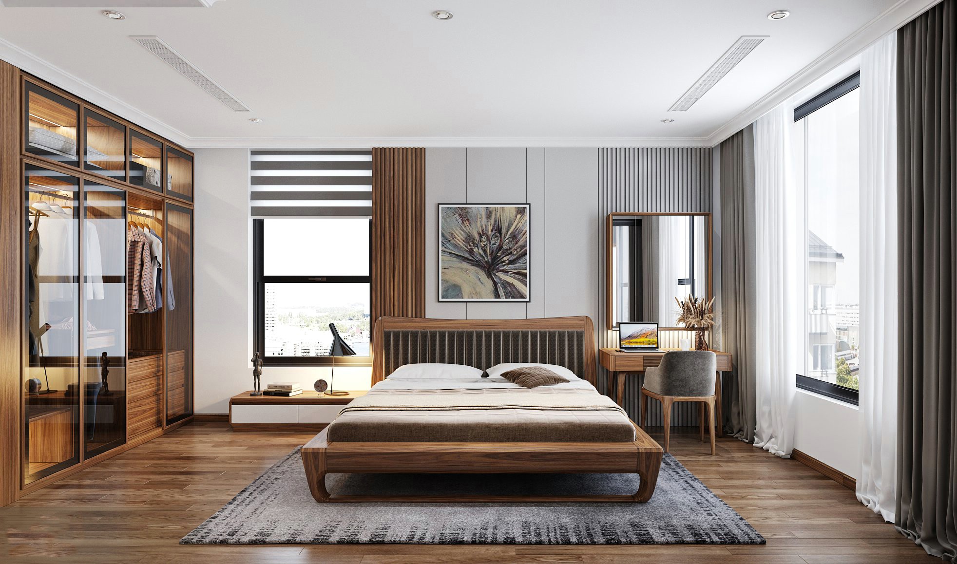 Thiết kế phòng ngủ tối giản với giường gỗ bọc da và tủ âm tường laminate nâu gụ