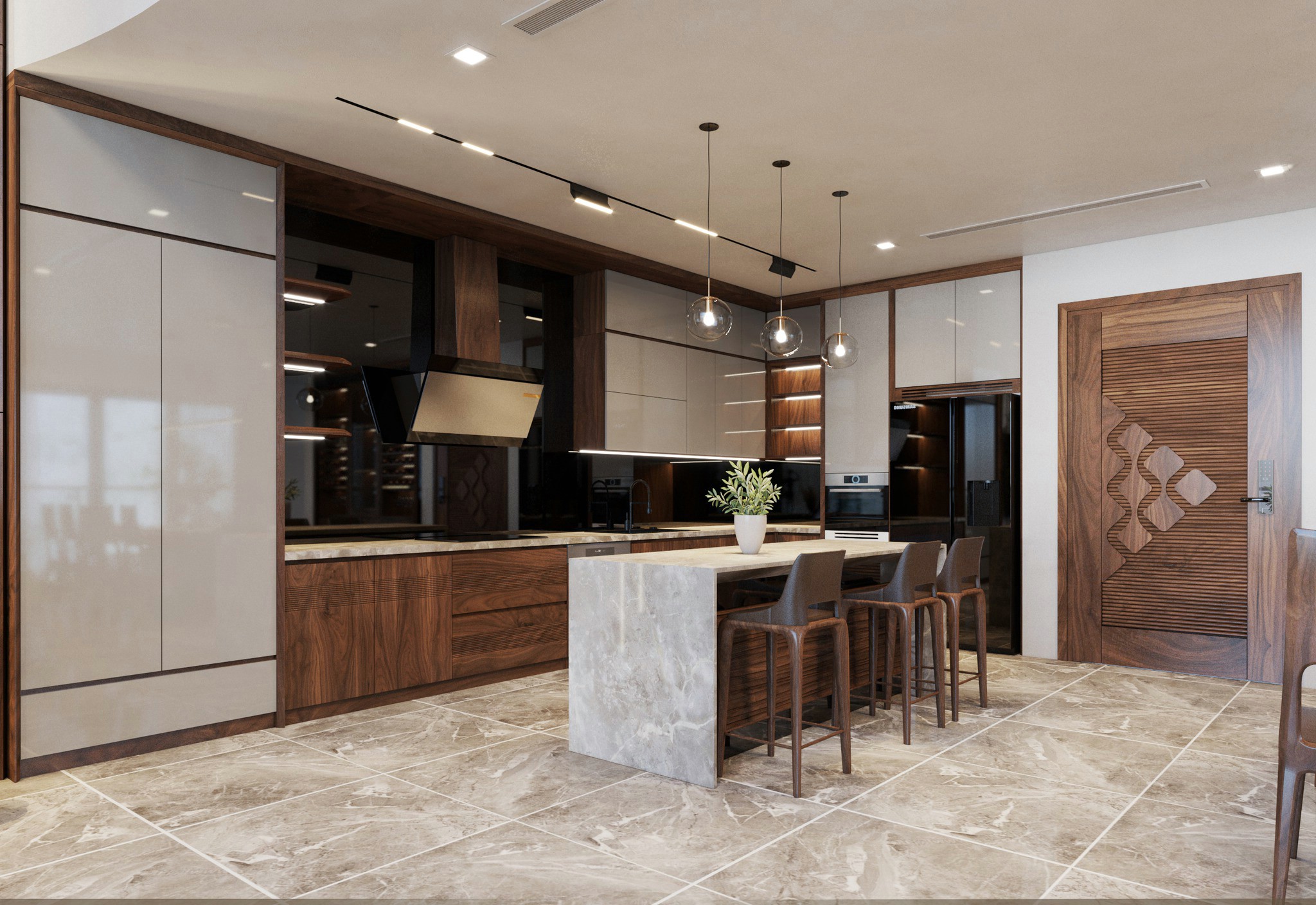 Thiết kế tủ bếp hiện đại chữ L gỗ óc chó và acrylic trắng