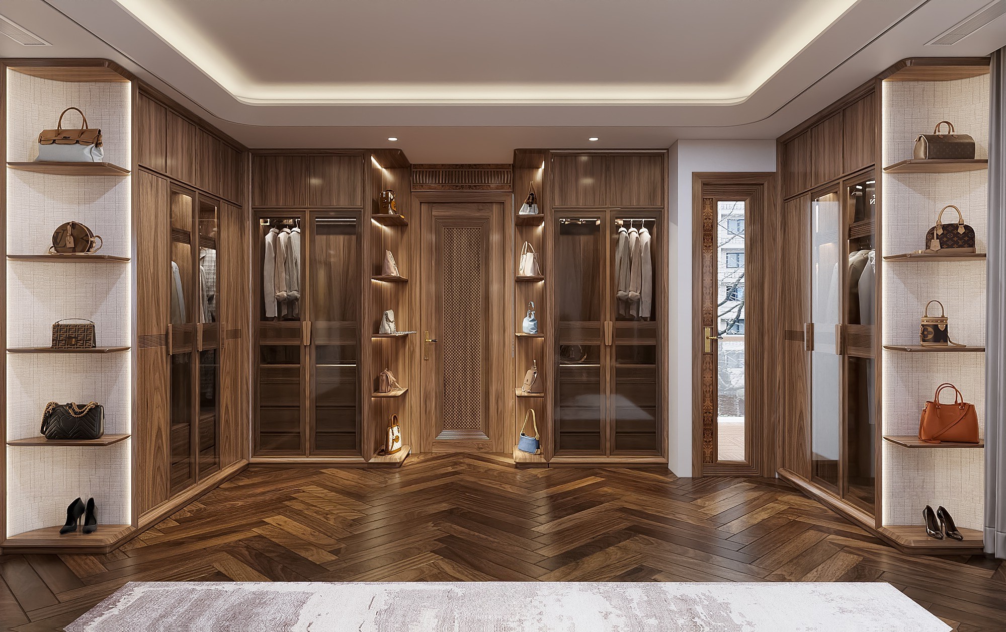 Thiết kế tủ quần áo hiện đại bằng veneer óc chó với cánh kính và kệ trang trí