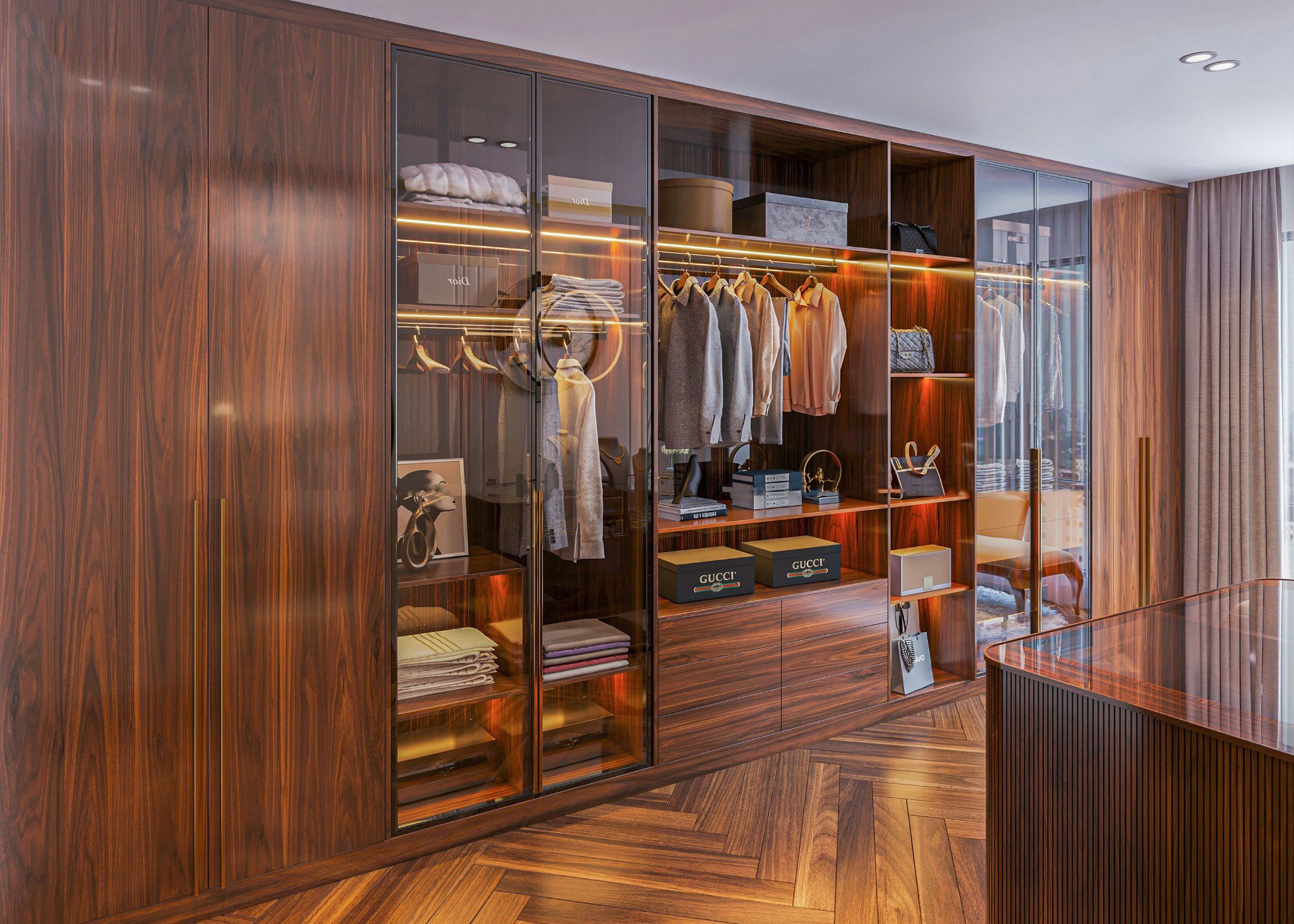 Thiết kế tủ quần áo chữ I cao kịch trần âm tường gỗ sồi nâu đỏ với ngăn kéo và cánh kính