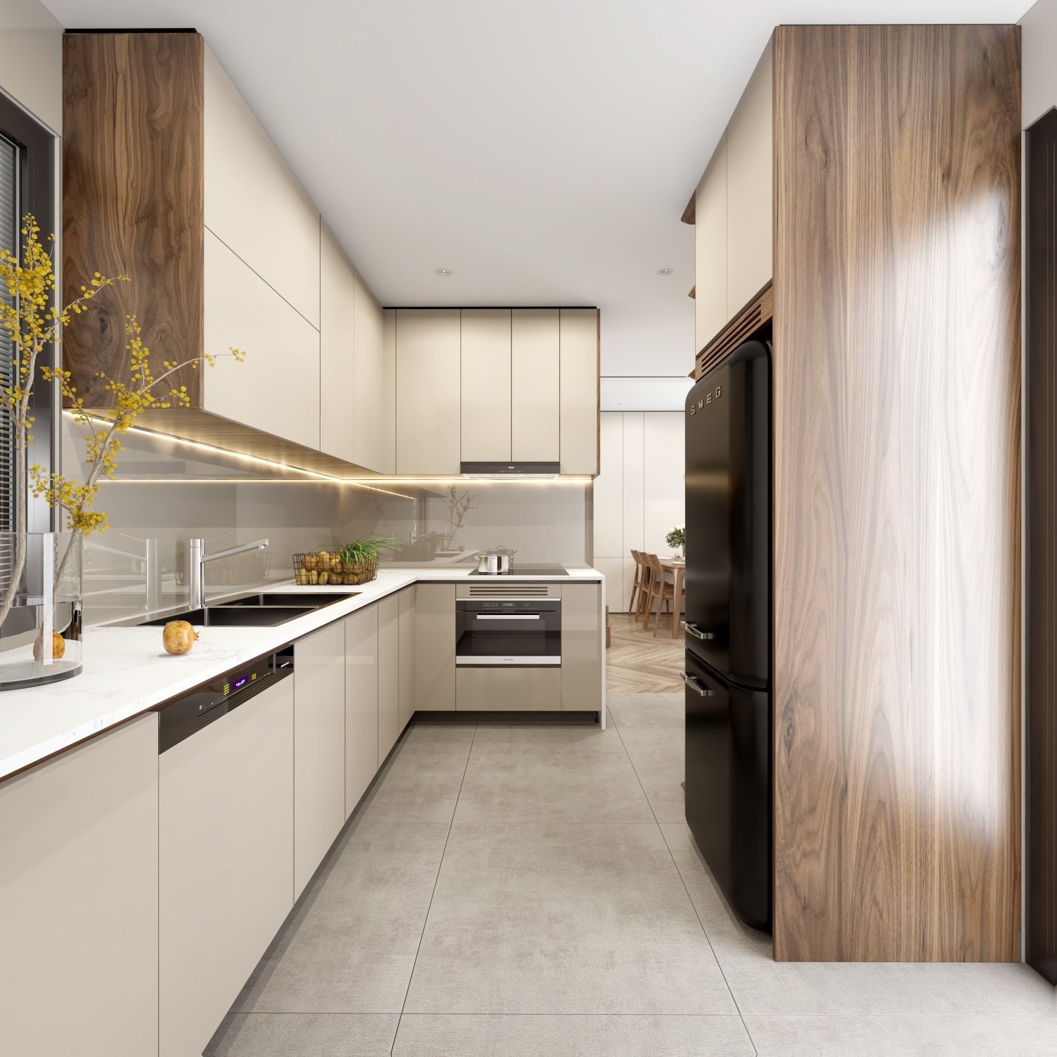 Tủ bếp cánh acrylic chữ L màu trắng hiện đại