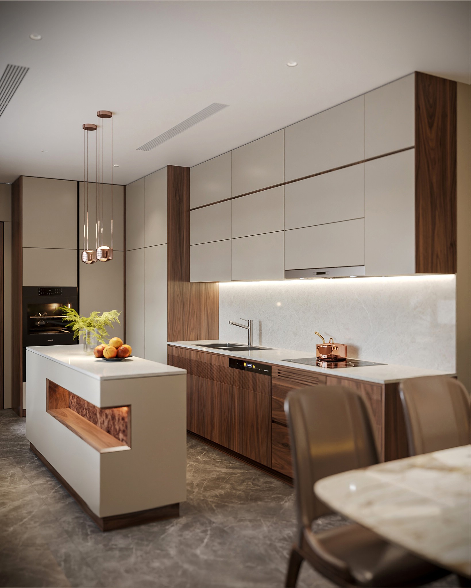 Tủ bếp chữ I hiện đại cao kịch trần với hệ tủ acrylic trắng và laminate nâu đậm