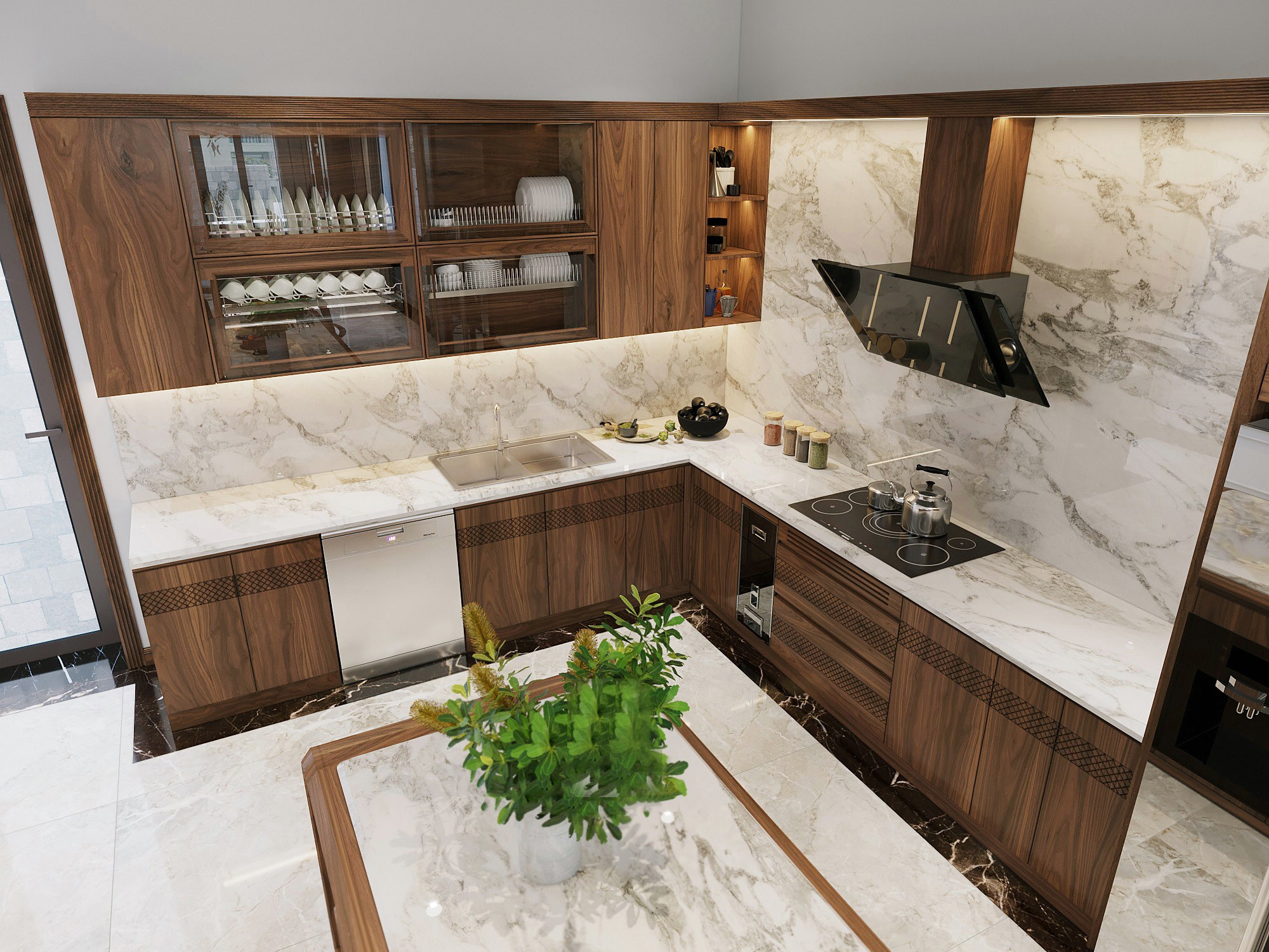Tủ bếp chung cư gỗ tự nhiên với hệ tủ treo gỗ kính và mặt bếp đá granite Tủ bếp chung cư gỗ tự nhiên với hệ tủ treo gỗ kính và mặt bếp đá granite