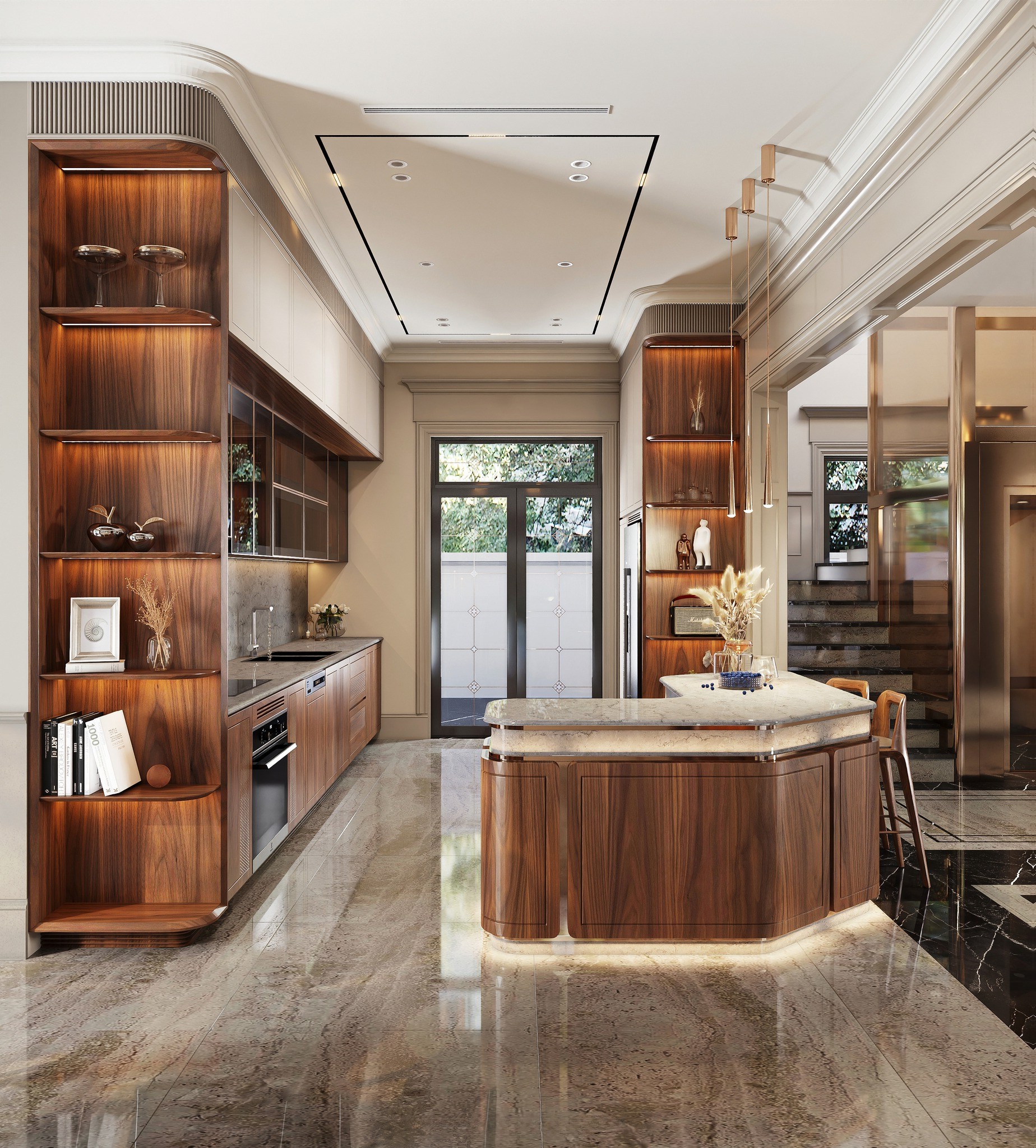 Tủ bếp đẹp hiện đại chữ L với bàn đảo gỗ MDF laminate trắng xám kết hợp đá marble trắng vân mây đen