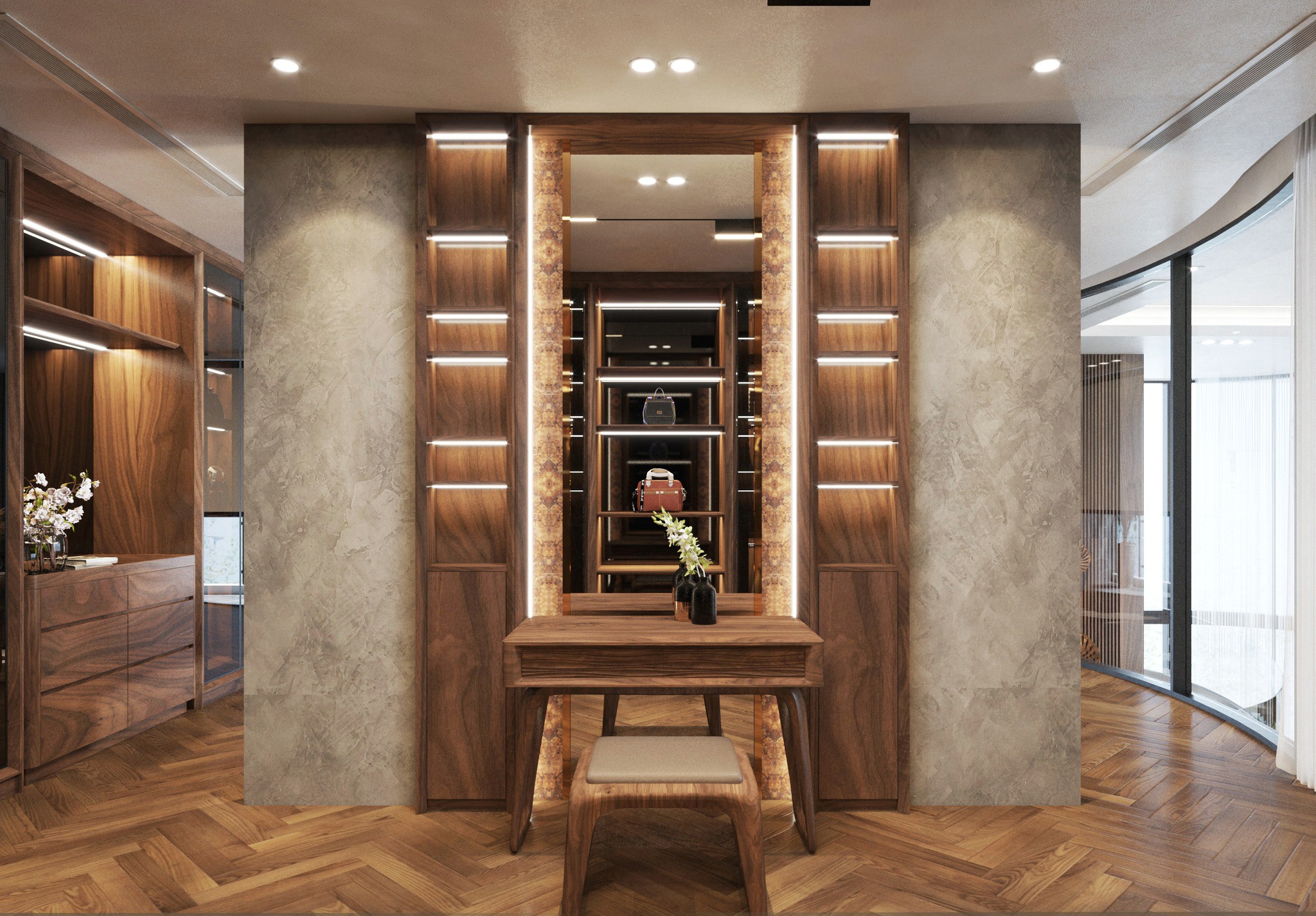 Tủ kết hợp bàn trang điểm hiện đại cao kịch trần với kệ trang trí nhiều ngăn