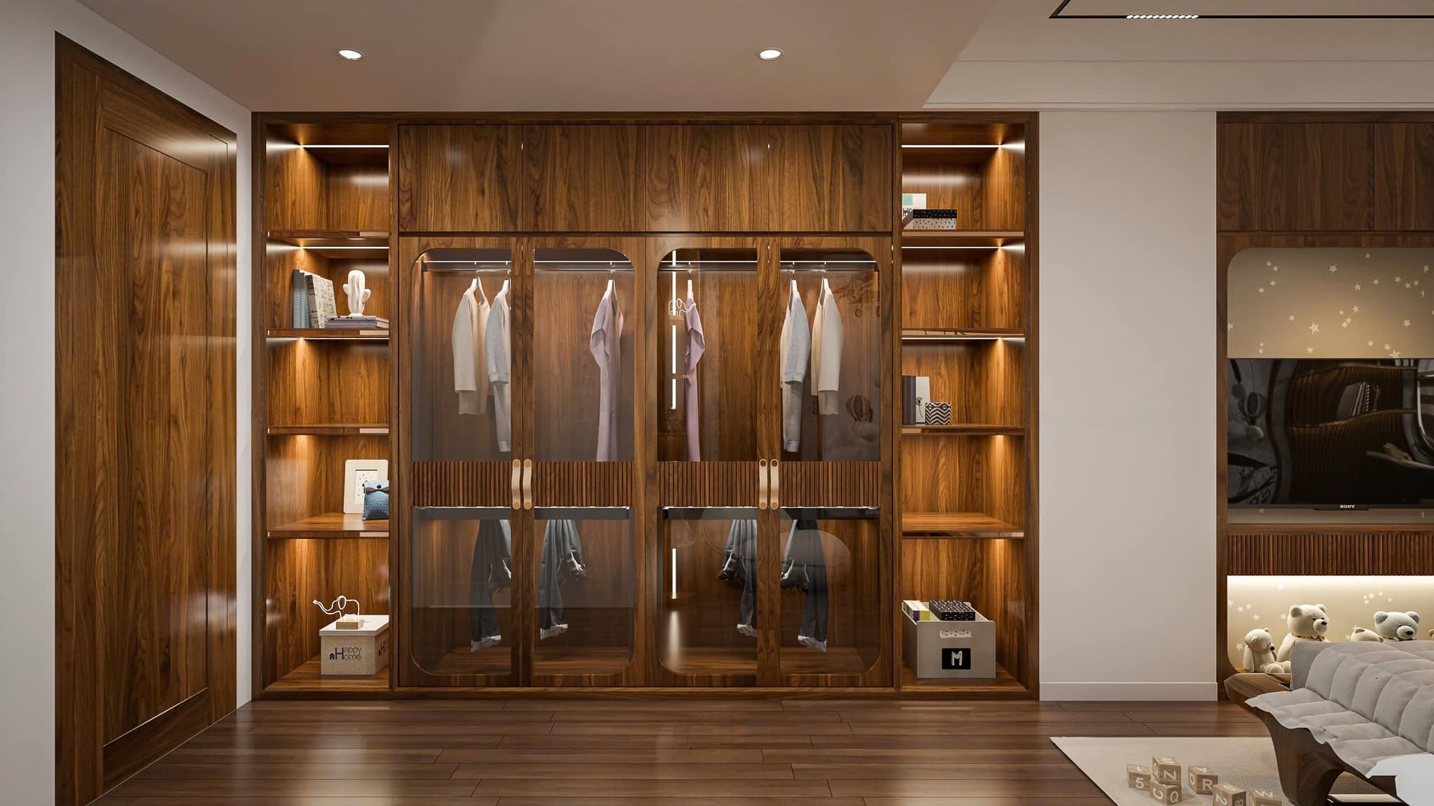 Tủ quần áo đẹp hiện đại chữ I âm tường với mặt kính bo góc