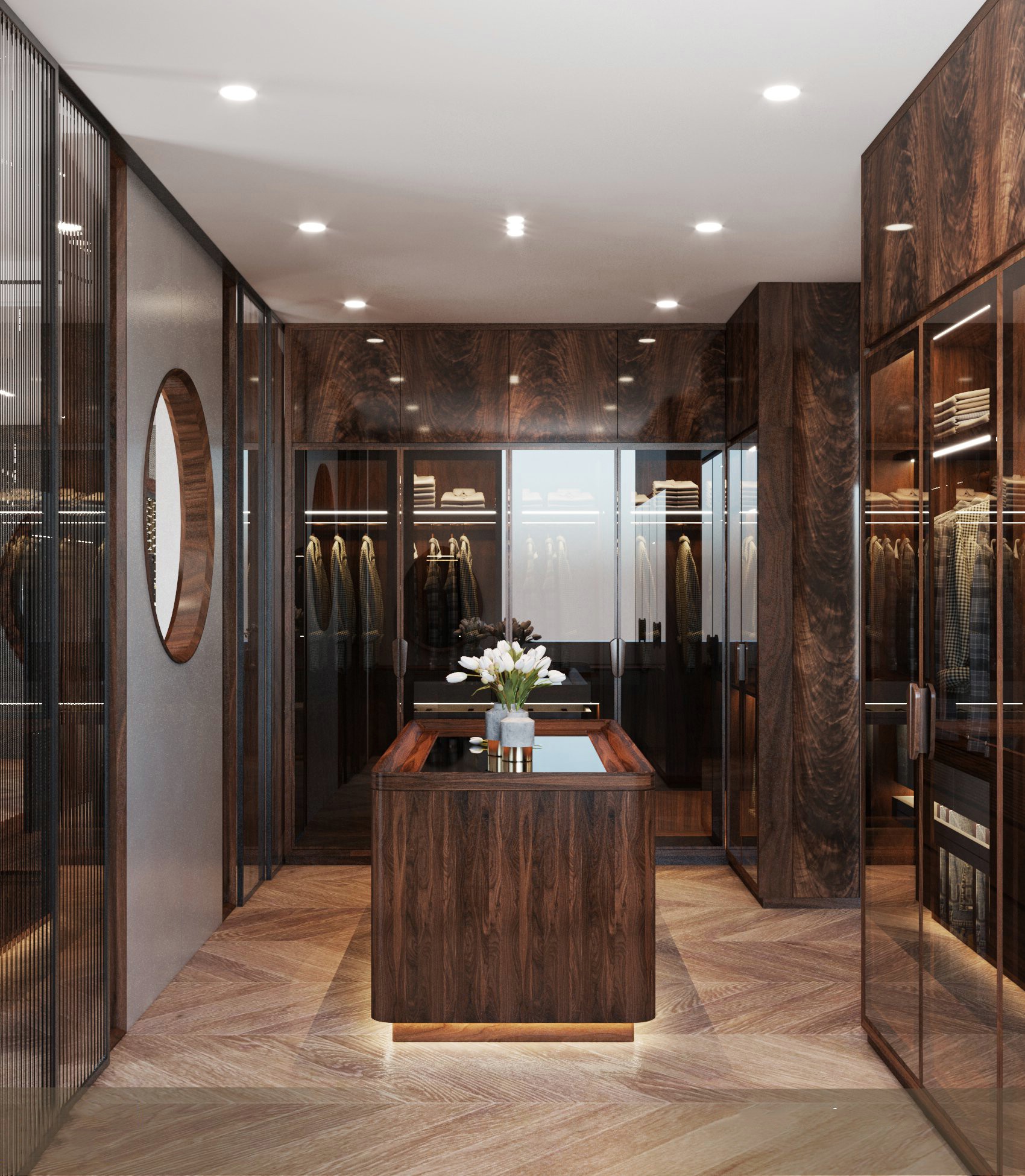 Tủ quần áo gỗ hiện đại chữ L veneer nu nâu đen với cánh kính trong suốt