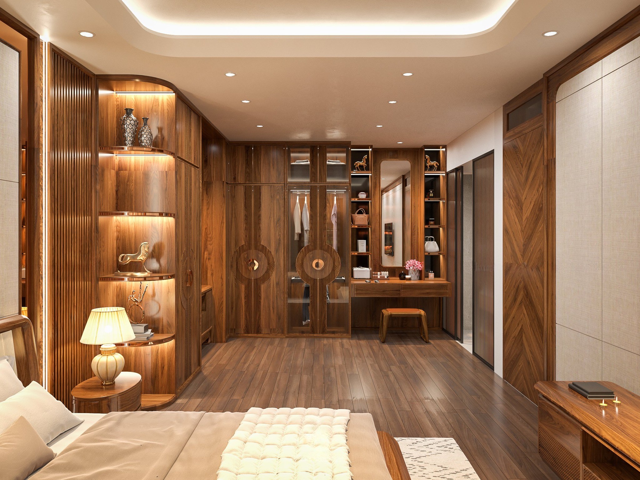 Tủ quần áo gỗ tự nhiên cao cấp chữ L cao kịch trần màu nâu đỏ