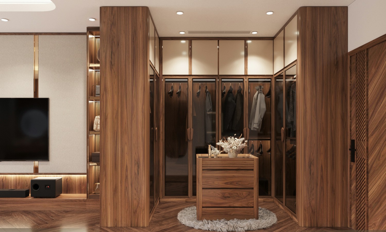 Tủ quần áo gỗ tự nhiên hiện đại chữ U kích thước lớn với hệ tủ acrylic trắng và cánh kính trong suốt