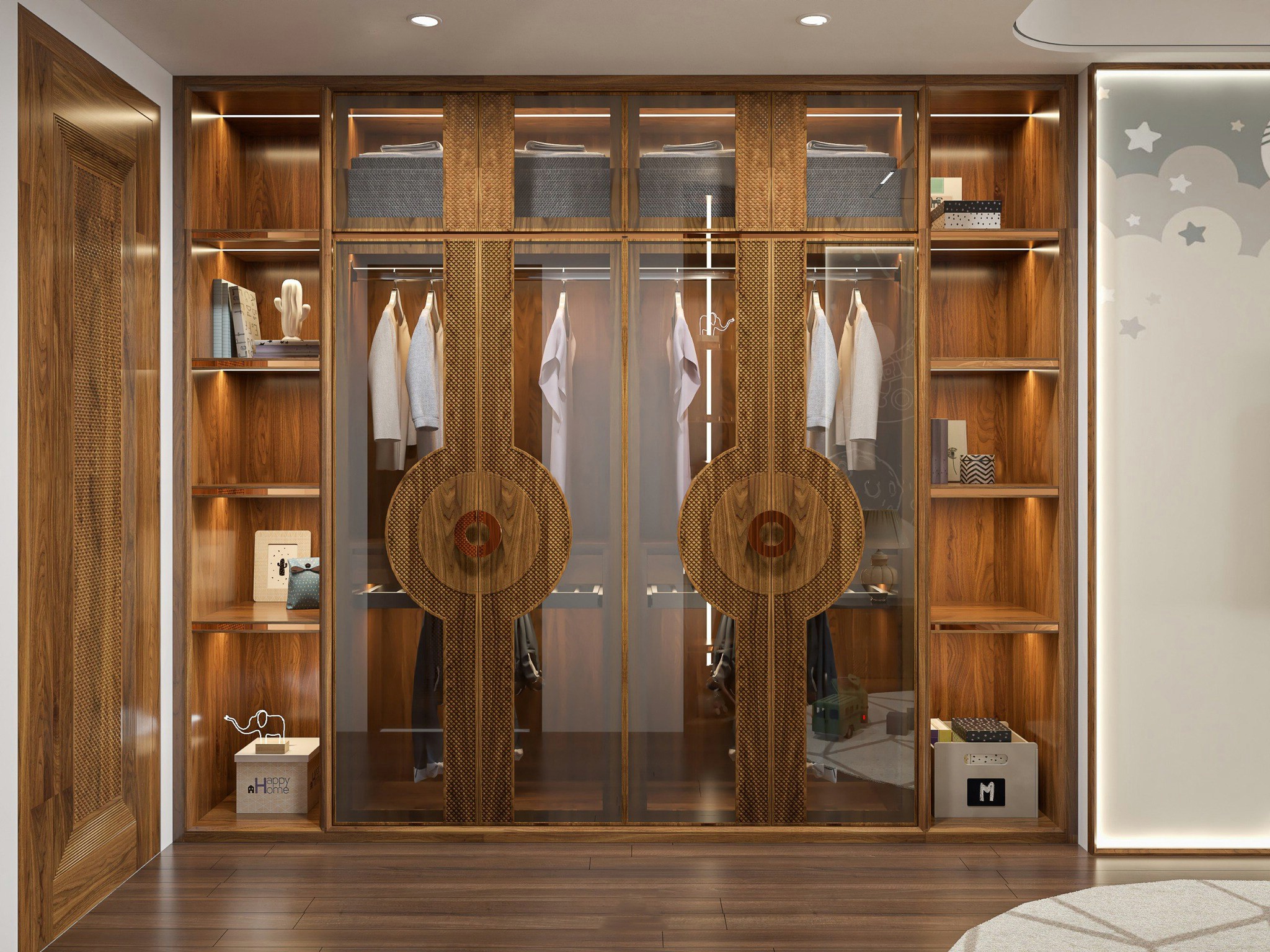 Tủ quần áo gỗ tự nhiên cao kịch trần với cánh kính CNC họa tiết mắt cáo