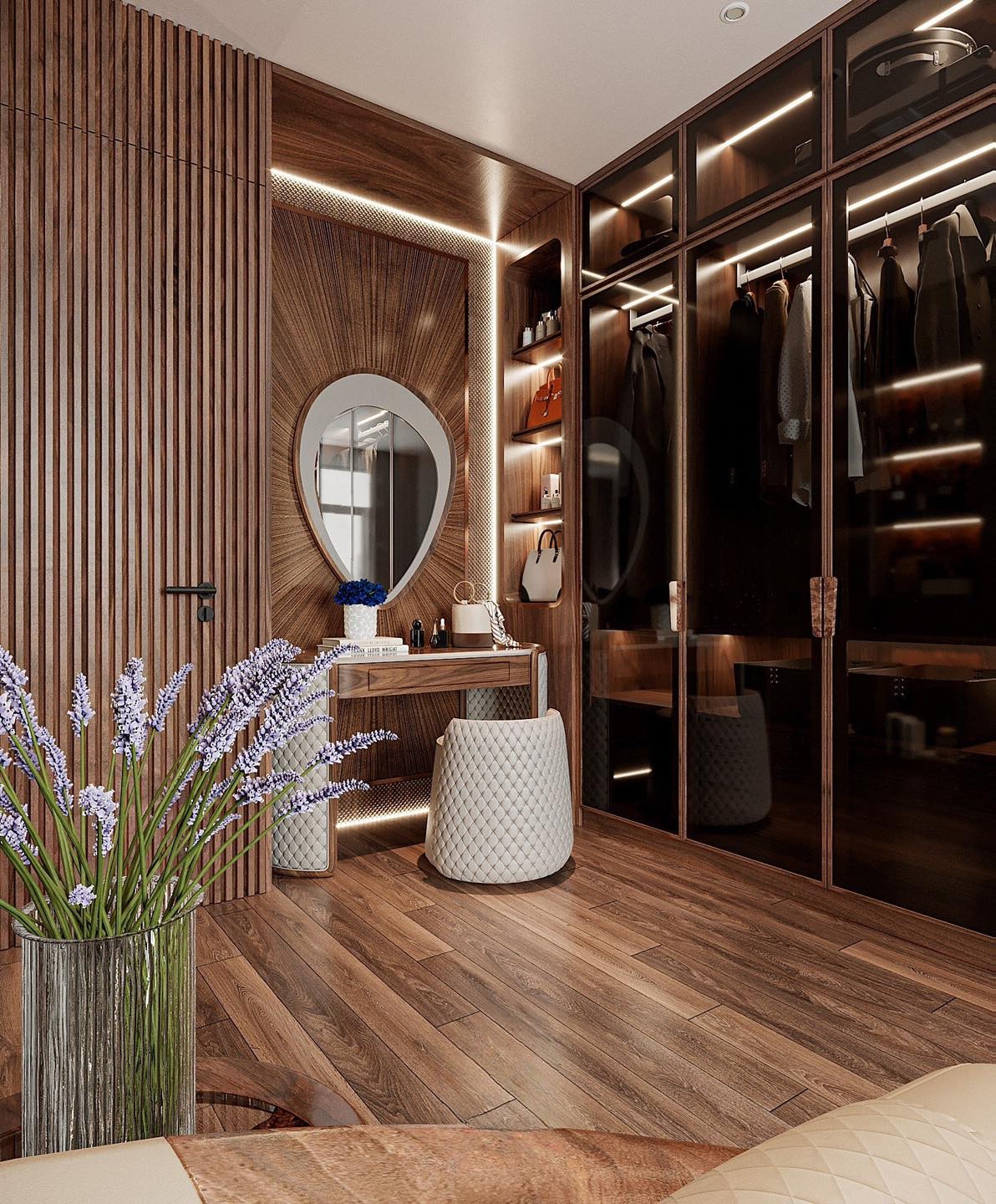 Tủ quần áo kết hợp bàn trang điểm đẹp âm tường cánh kính lớn nhỏ hiện đại