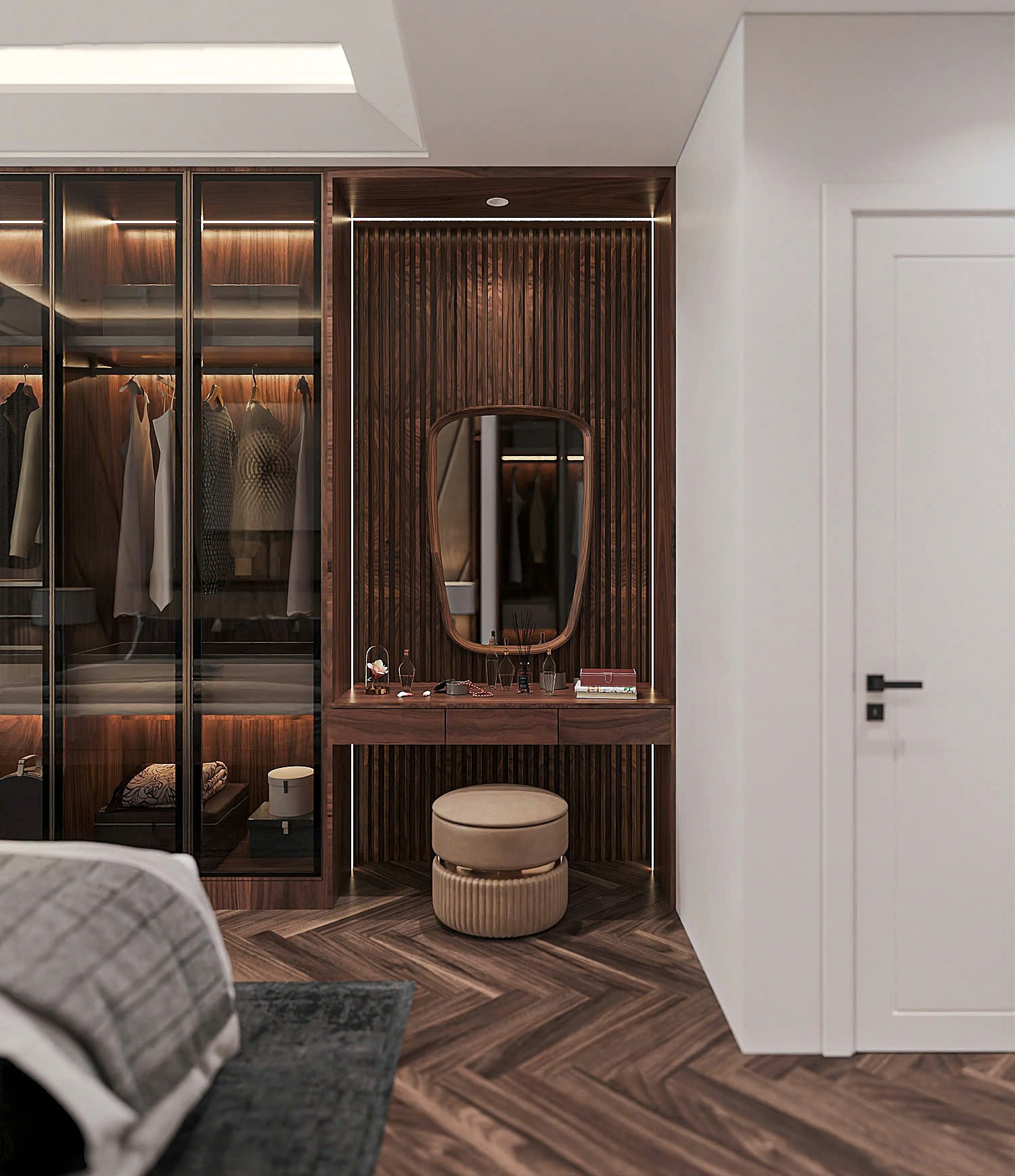 Tủ quần áo kết hợp bàn trang điểm gỗ công nghiệp MDF nâu đậm với cánh kính và đèn LED