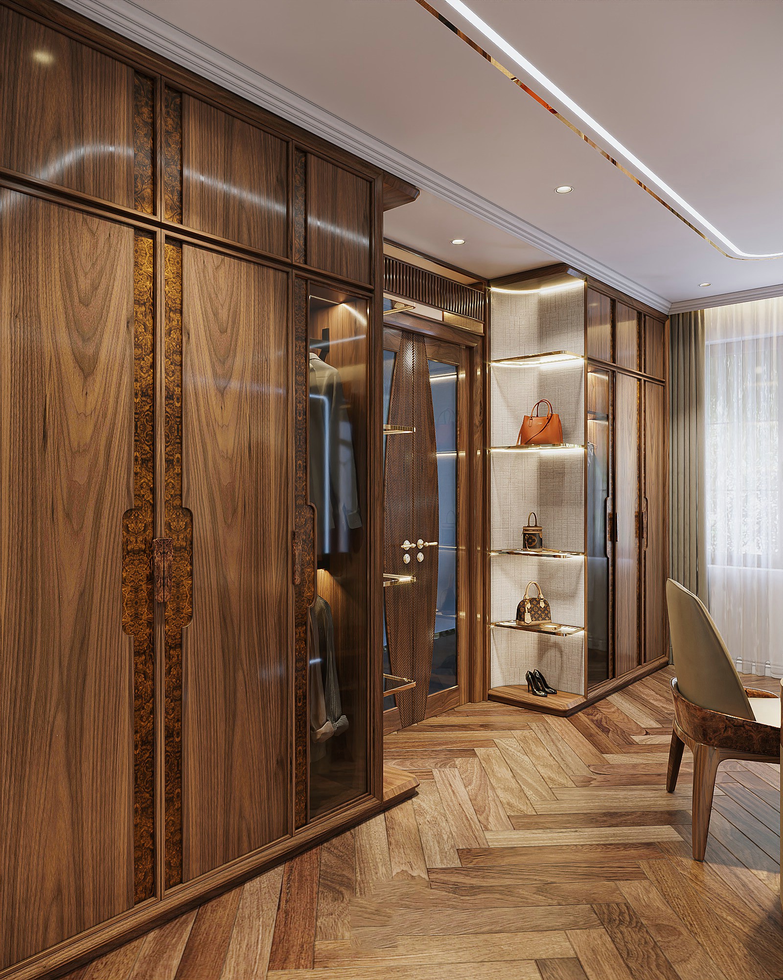 Tủ quần áo phòng ngủ hiện đại cao kịch trần với cánh gỗ và kính