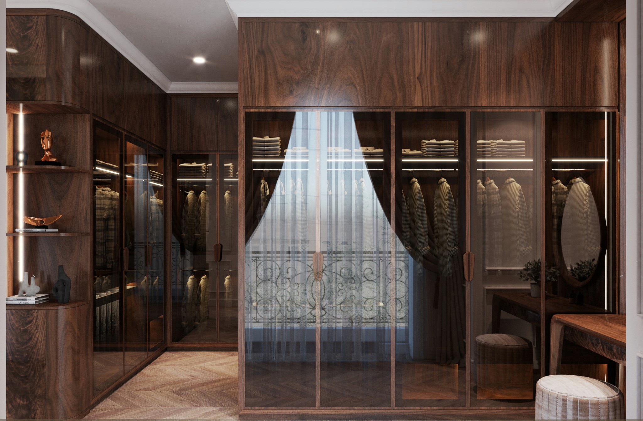 Tủ quần áo phòng ngủ chữ L và chữ I với cánh kính hiện đại và kệ trang trí