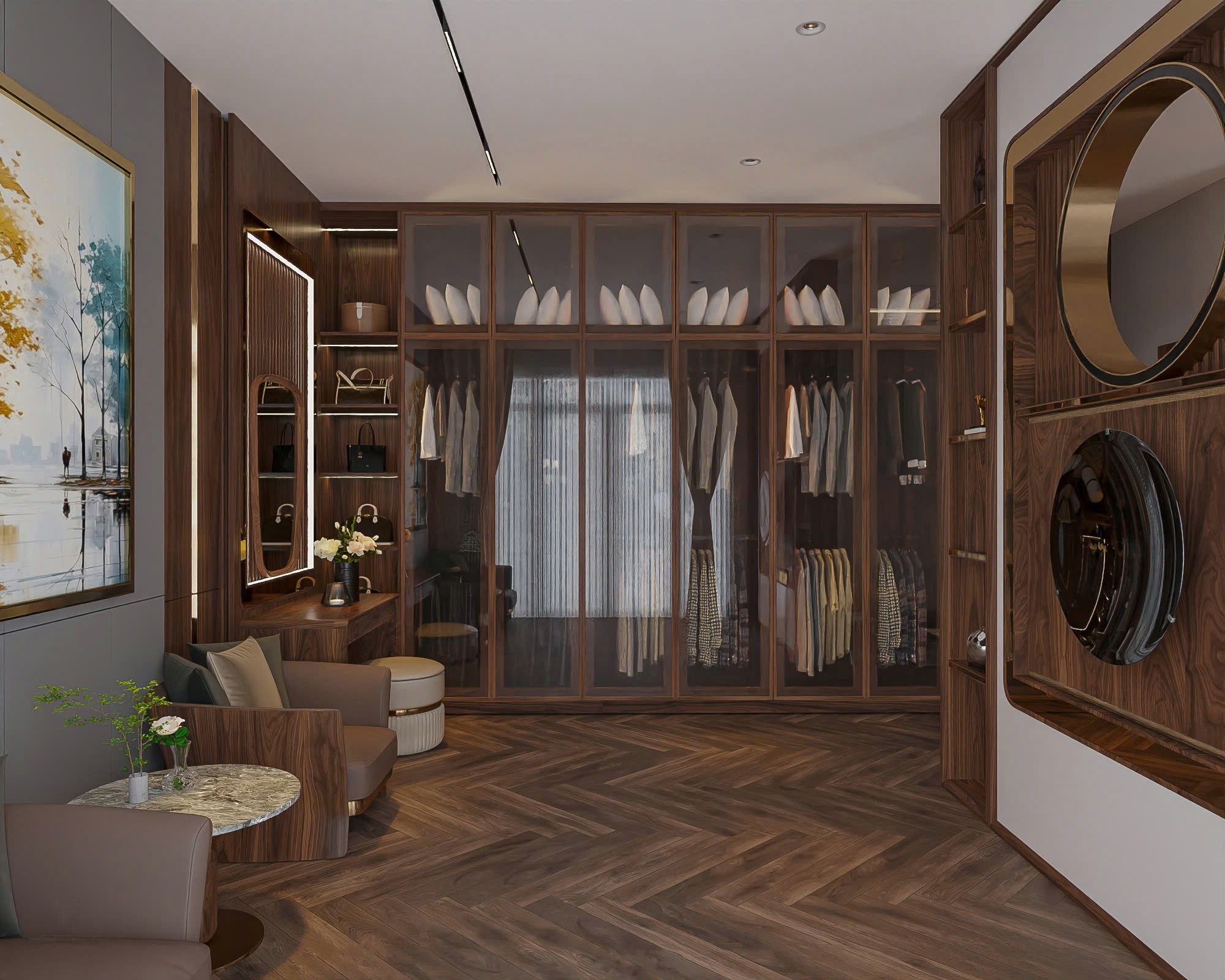 Tủ quần áo thông minh hiện đại chữ I cao kịch trần bằng gỗ MDF phủ laminate nâu đậm