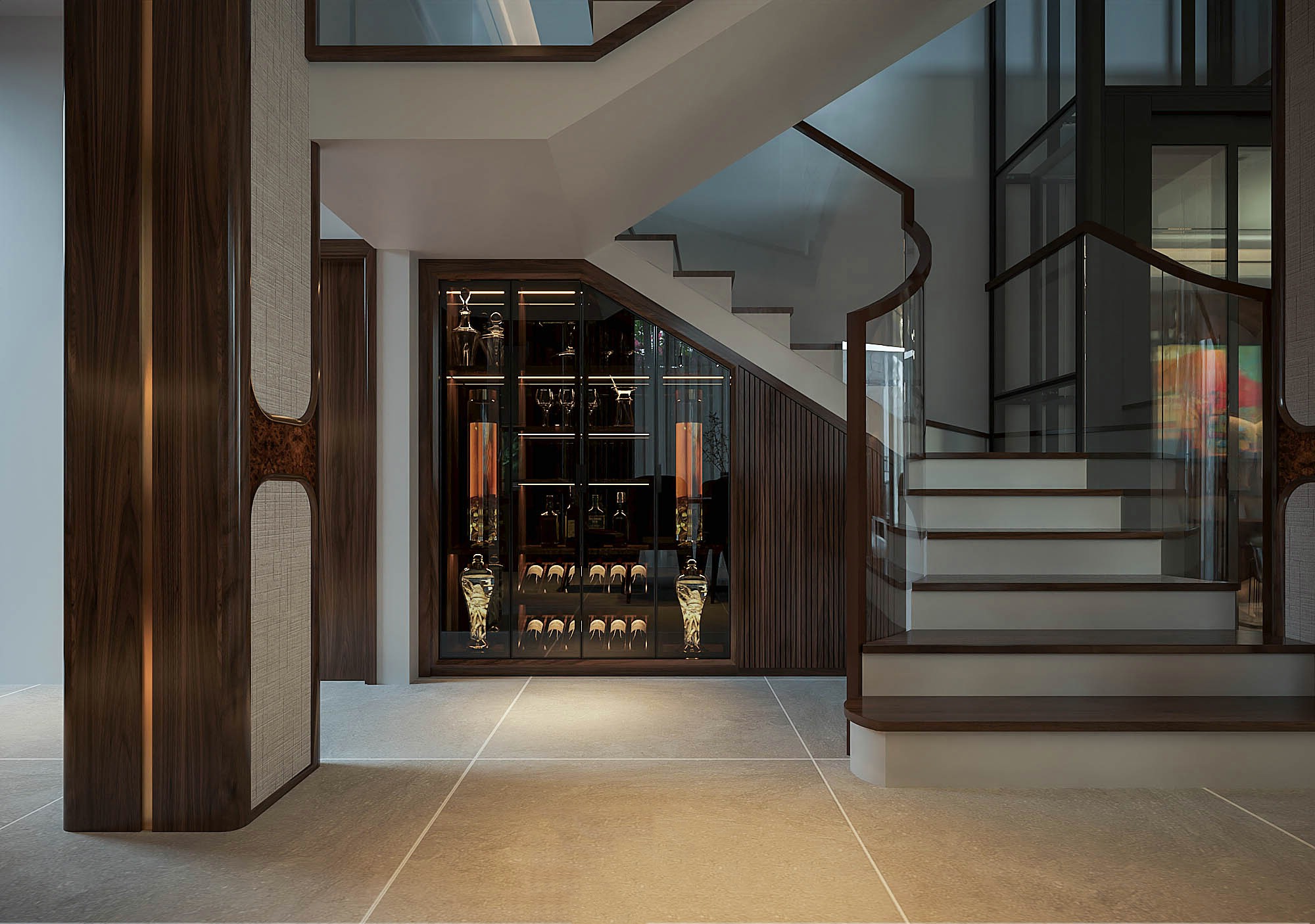 Tủ rượu cầu thang phòng khách gỗ tự nhiên màu nâu đen với đèn LED âm tủ