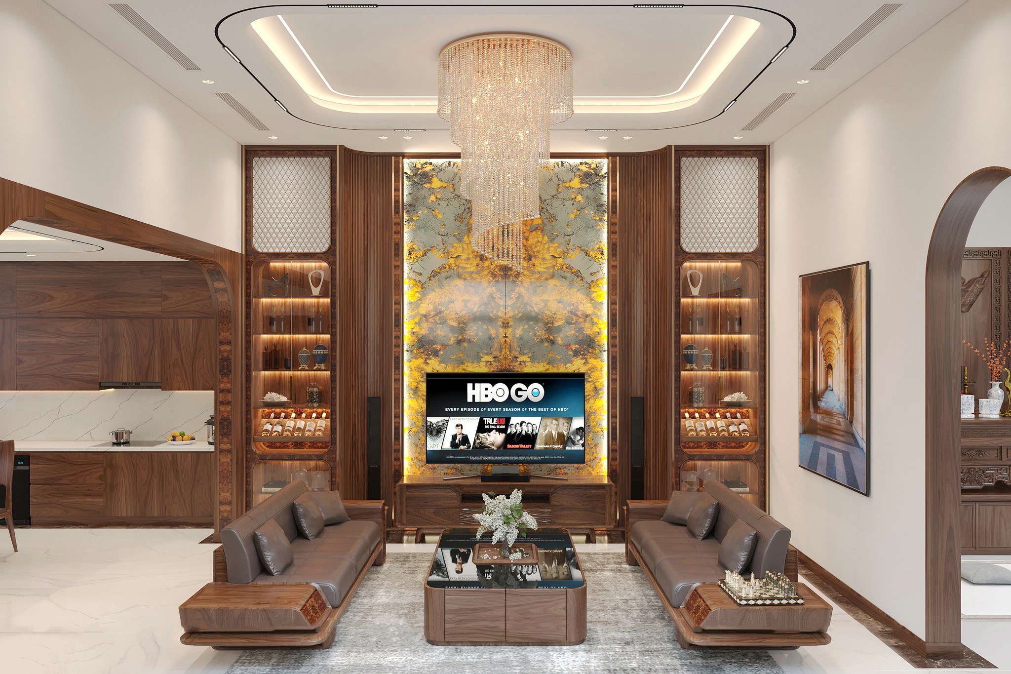 Tủ rượu đẹp phòng khách cao kịch trần gỗ tự nhiên với cánh kính trong suốt