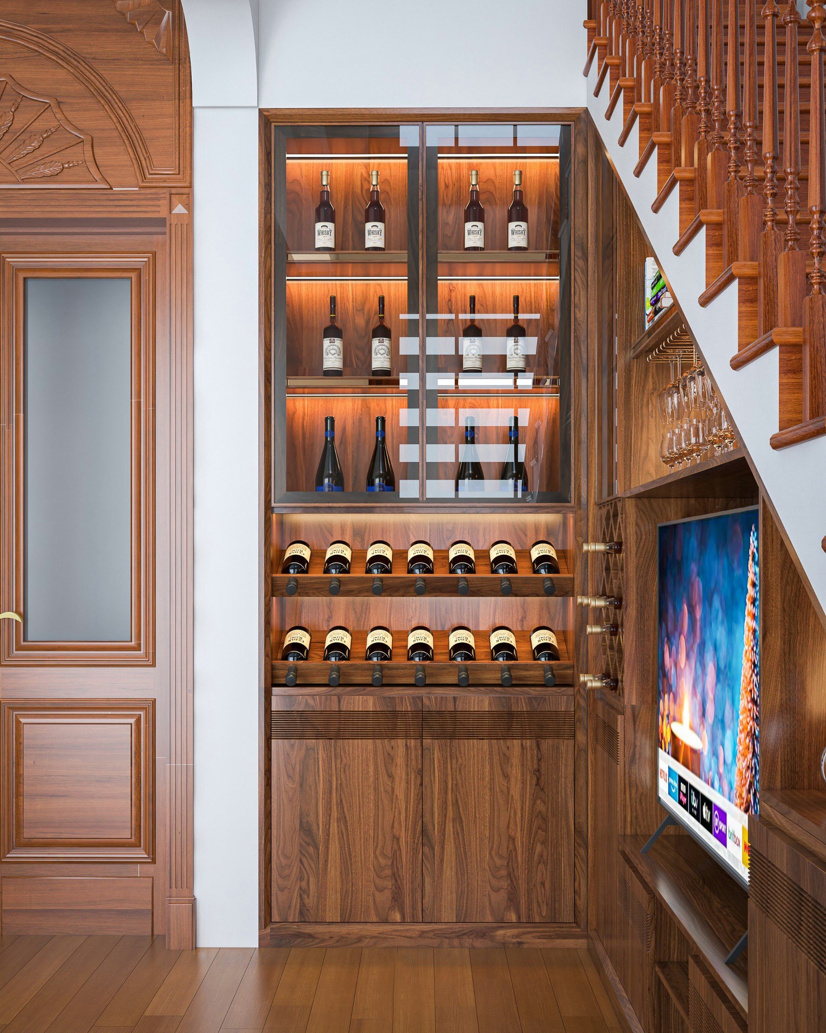 Tủ rượu gỗ tự nhiên dáng chữ L dưới gầm cầu thang